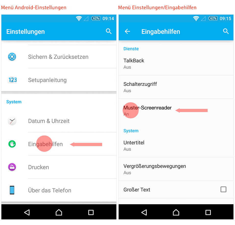 Zwei Screenshots aus den Android-Einstellungen: Links ist der Menüpunkt 'Eingabehilfen' im Einstellungsmenü hervorgehoben. Rechts ist im Untermenü 'Eingabehilfen' der aktivierte Punkt 'Muster-Screenreader markiert.
