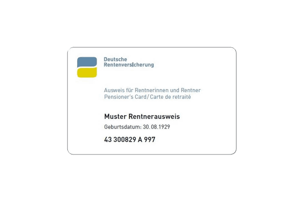 Beispiel einer Rentnerausweis-Karte der Deutschen Rentenversicherung mit Logo, Titel in mehreren Sprachen und Musterangaben zu Name, Geburtsdatum und Ausweisnummer.