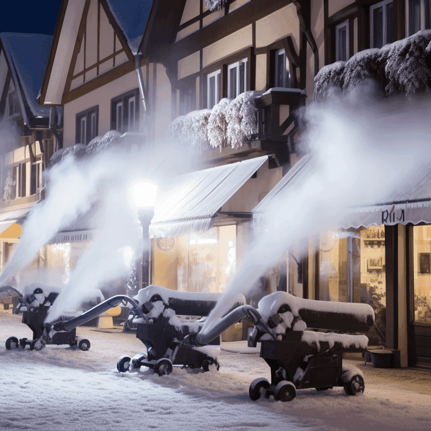 Schneekanonen beschneien in einer Stadt Straßen und Häuser (fiktives Bild)