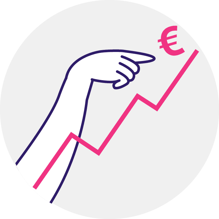 Illustration einer nach oben verlaufenden Diagrammkurve und einer Hand, welche auf ein Euro-Zeichen ganz oben an der Kurve zeigt