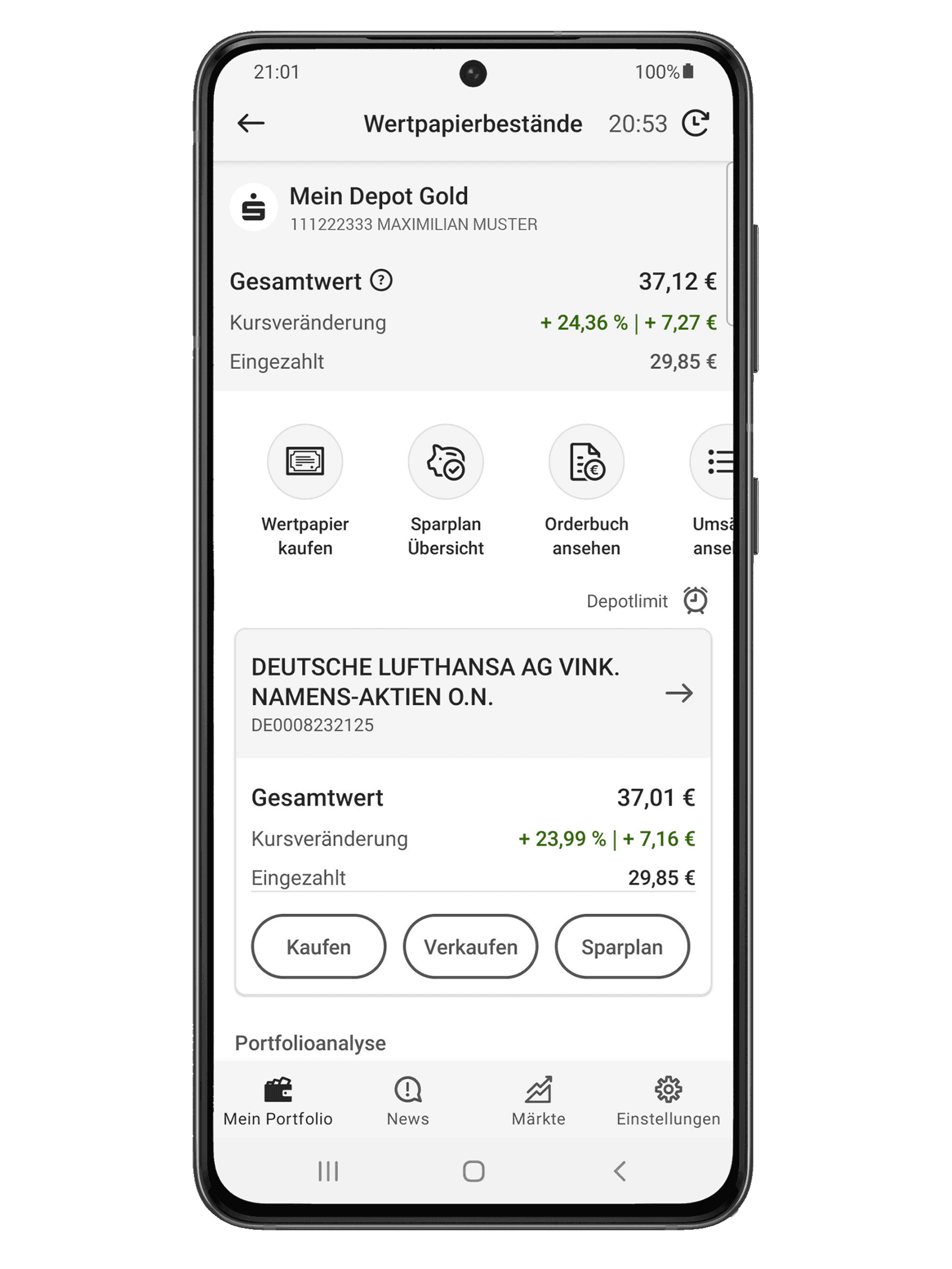 Ein transparent hinterlegtes Mock-Up eines Smartphones, welches Screens aus der App S-Invest zeigt.