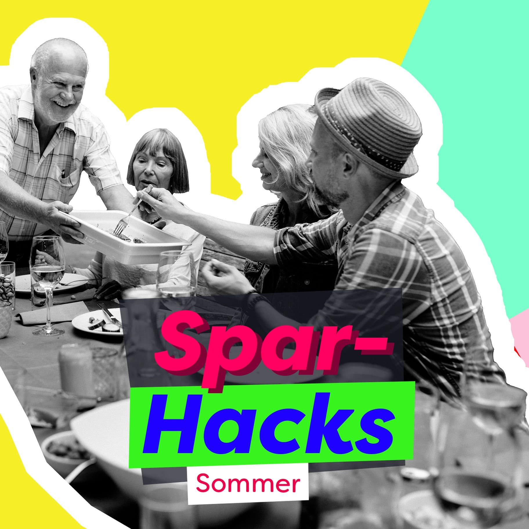 Ein Grafik mir mehreren Personen beim Grillen. Darauf steht "Sparen im Sommer"