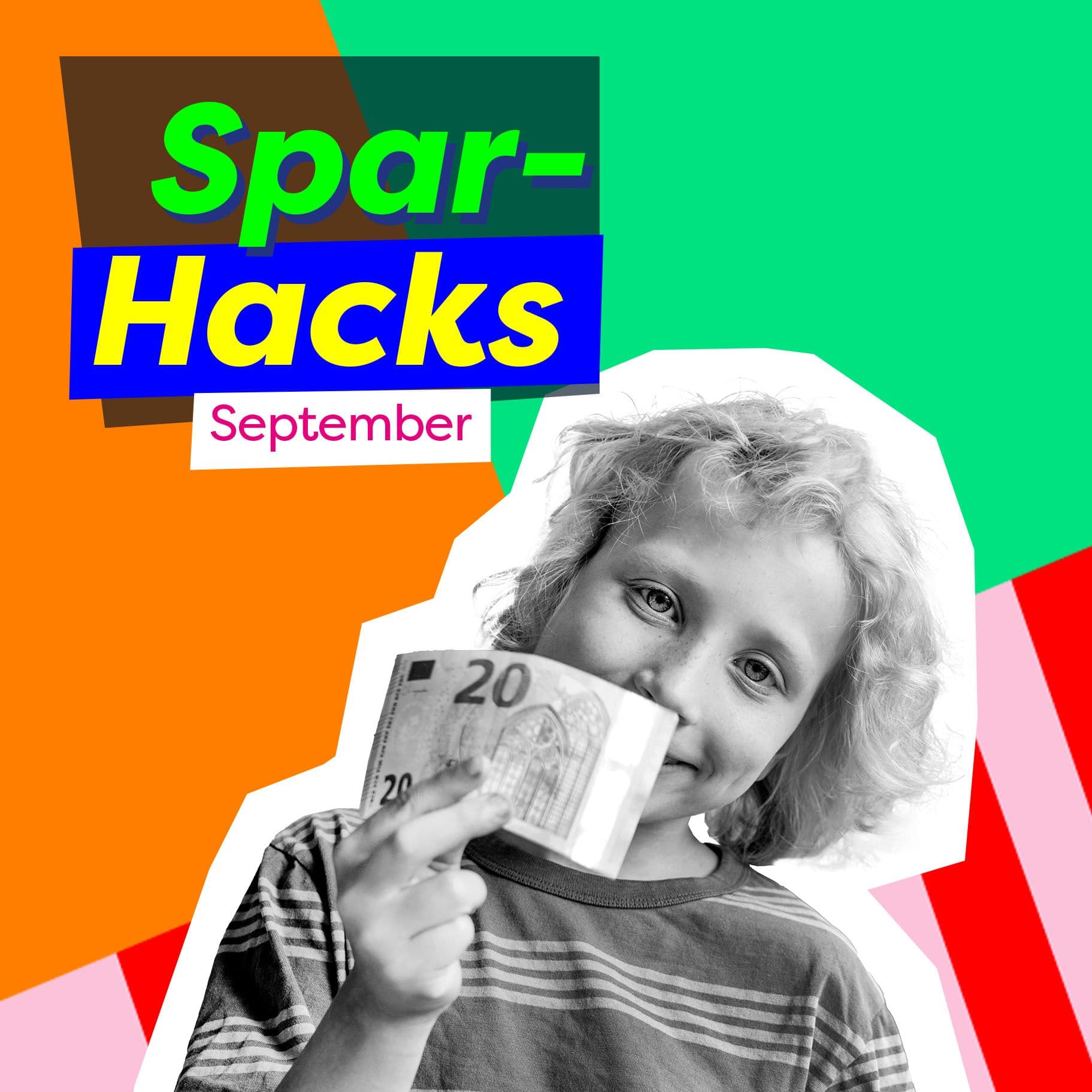 Eine bunte Bildkomposition mit einem Jungen im Grundschulalter, der freudig einen Zwanzig-Euro-Schein in die Kamera hält.