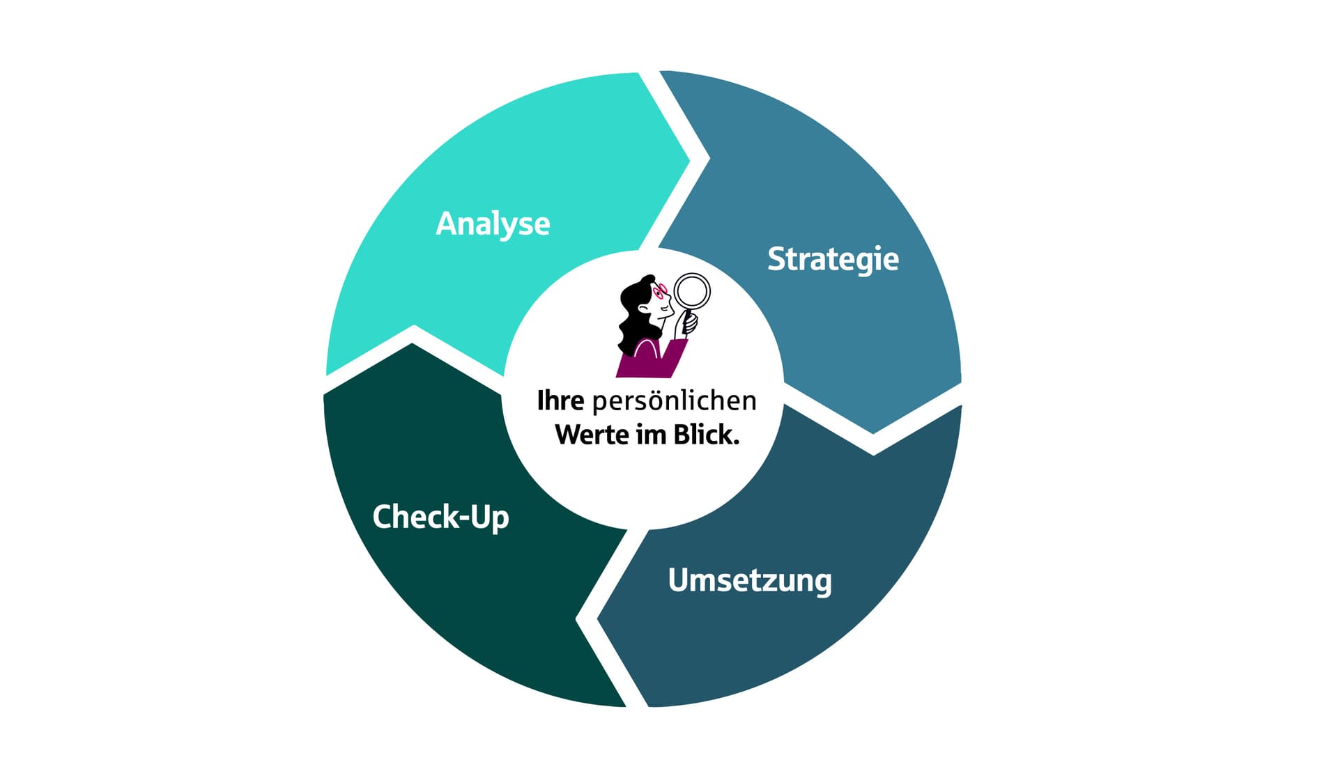 Kreisdiagramm mit vier Phasen: Analyse, Strategie, Umsetzung und Check-Up. In der Mitte steht der Text ‚Ihre persönlichen Werte im Blick‘ mit einer Illustration einer Person mit Lupe.