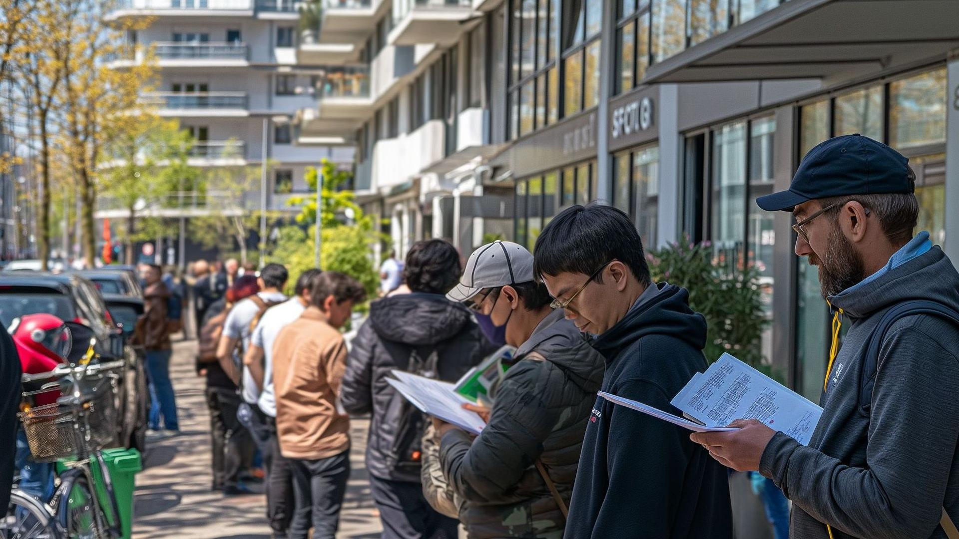 Viele Personen stehen vor einem Gebäude Schlange. Sie haben Papiere in der Hand und warten auf eine Wohnungsbesichtigung.