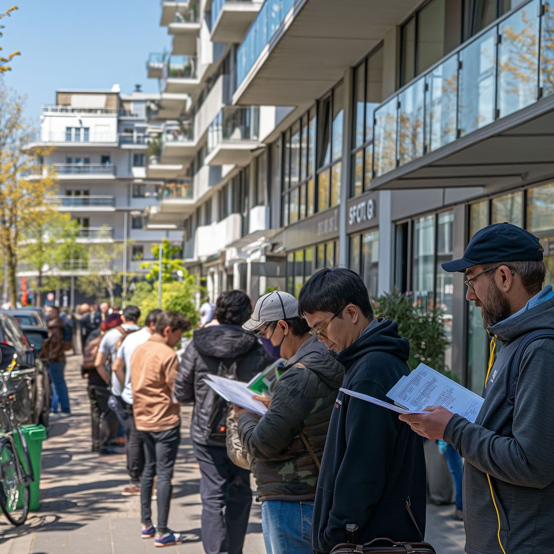 Viele Personen stehen vor einem Gebäude Schlange. Sie haben Papiere in der Hand und warten auf eine Wohnungsbesichtigung.