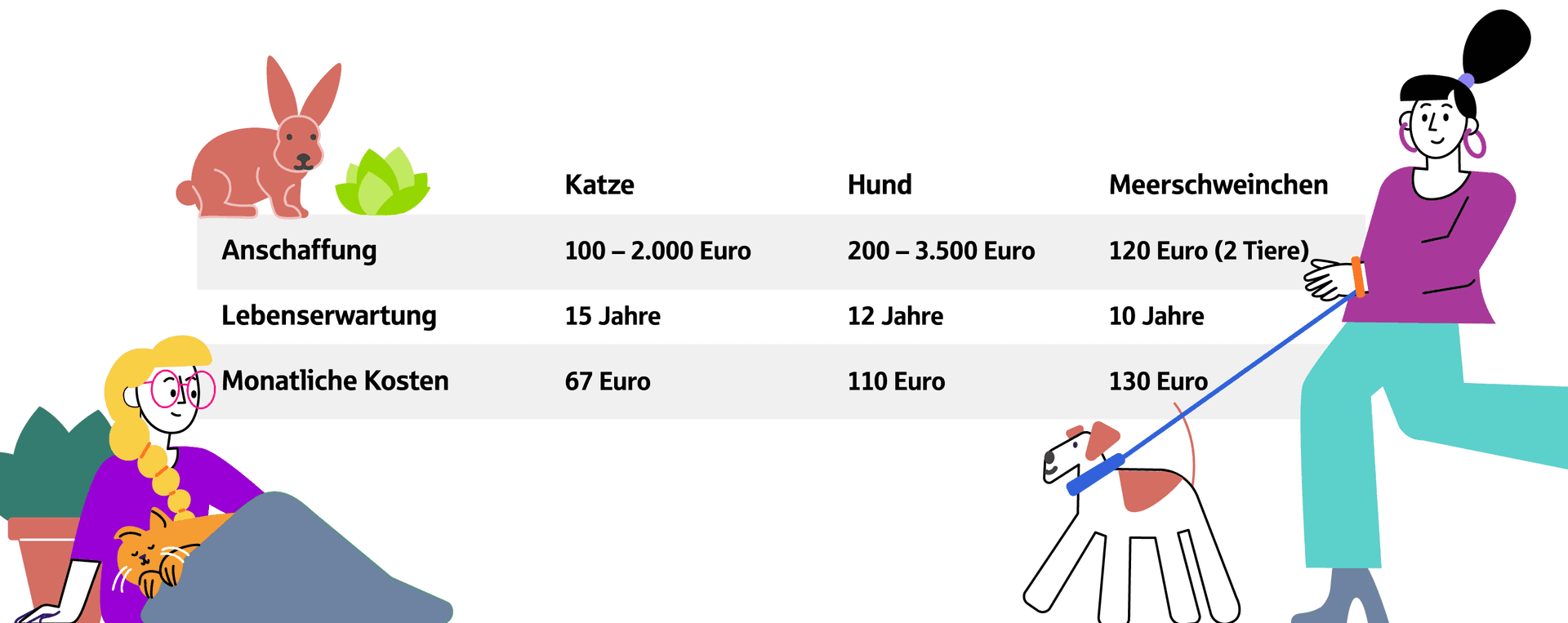 EIne Grafik mit zwei weiblichen Personen, einer Katze, einem Hund und einem Kaninchen. In der Mitte eine Tabelle, welche die Kosten eines Tieres auflistet.