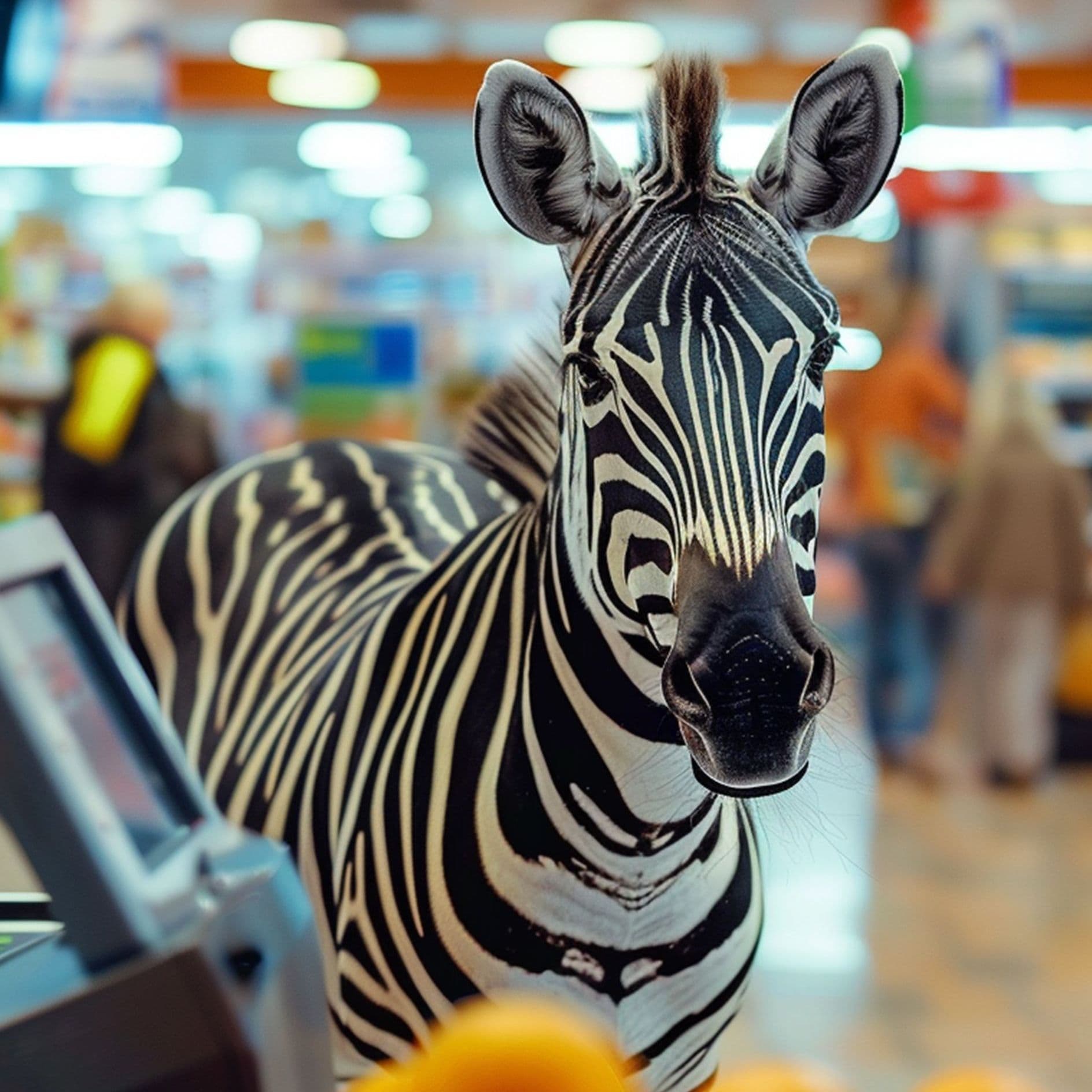Barcode, ein Zebra steht in einem Supermarkt