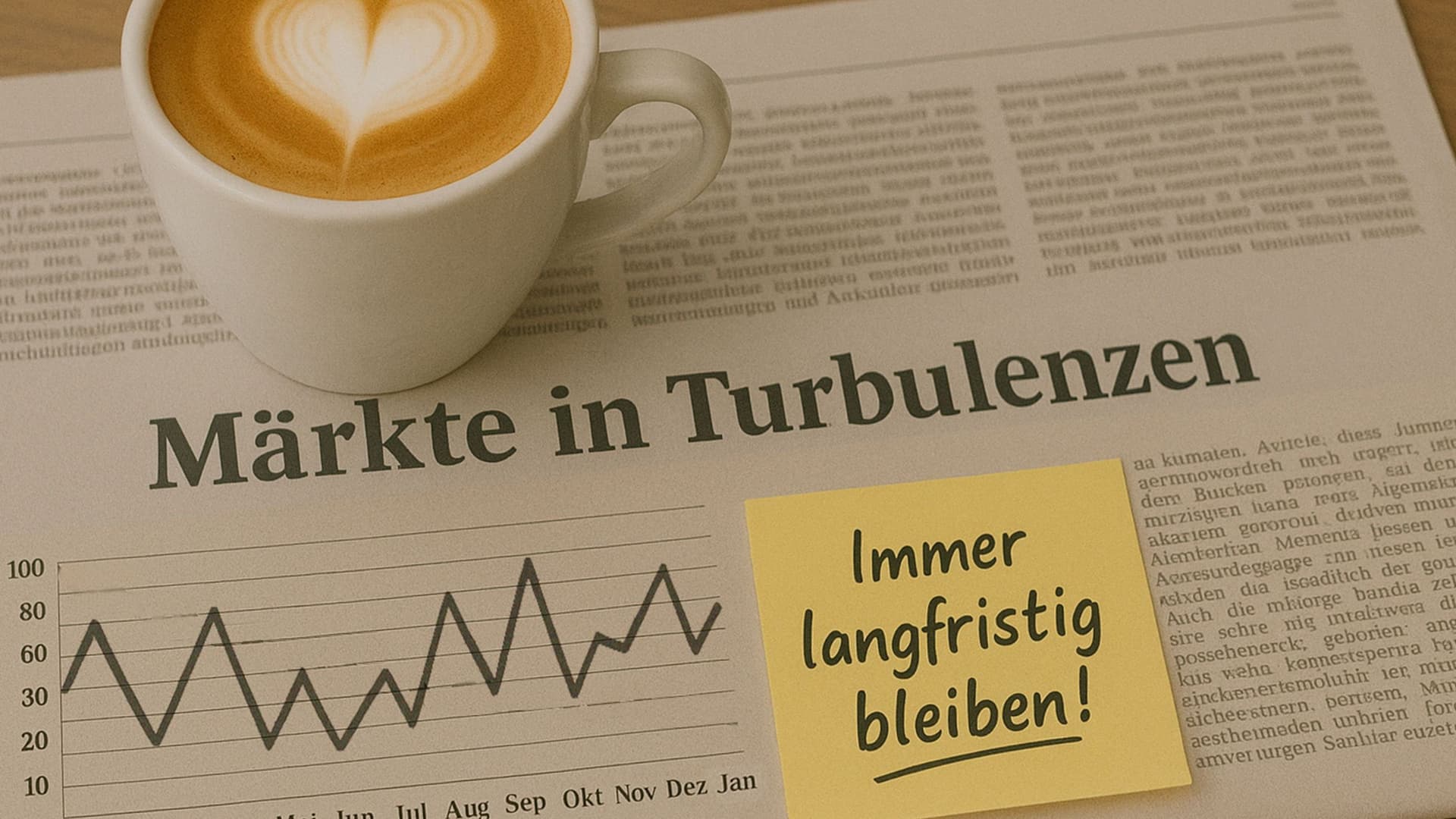 Eine Kaffeetasse steht auf einer Zeitung. Darauf klebt ein Post-It mit der Aufschrift "Immer langfristig bleiben"