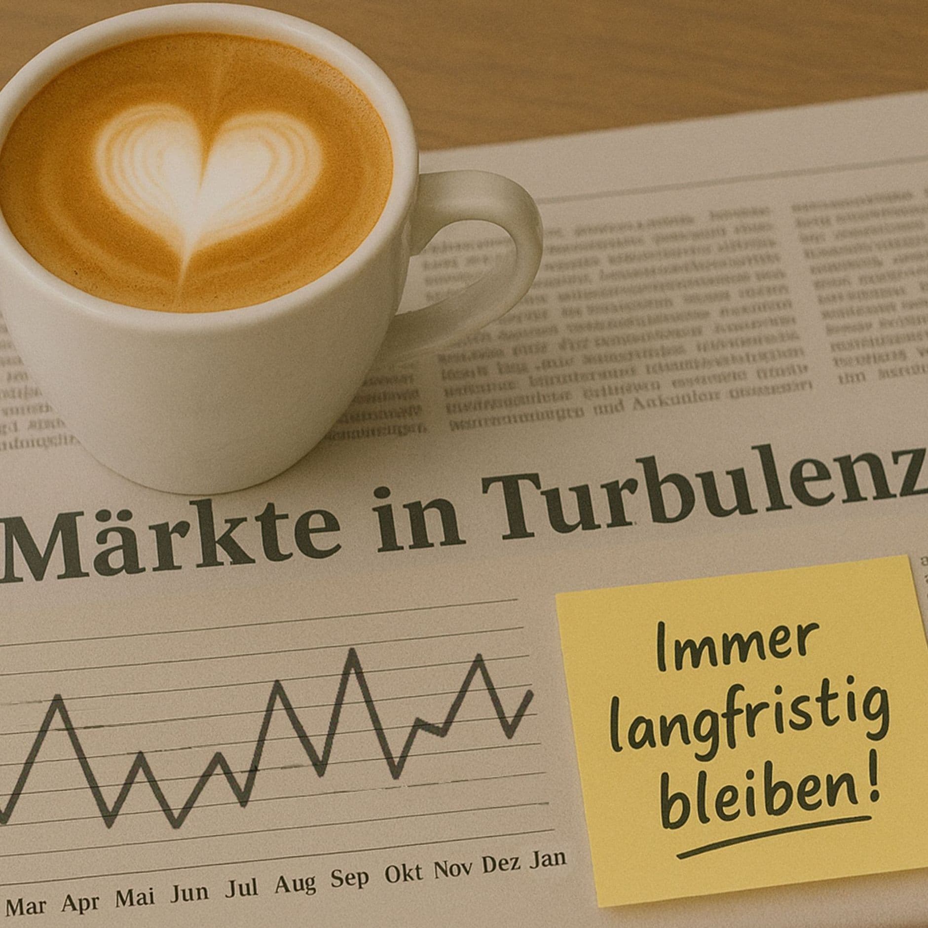Eine Kaffeetasse steht auf einer Zeitung. Darauf klebt ein Post-It mit der Aufschrift "Immer langfristig bleiben"