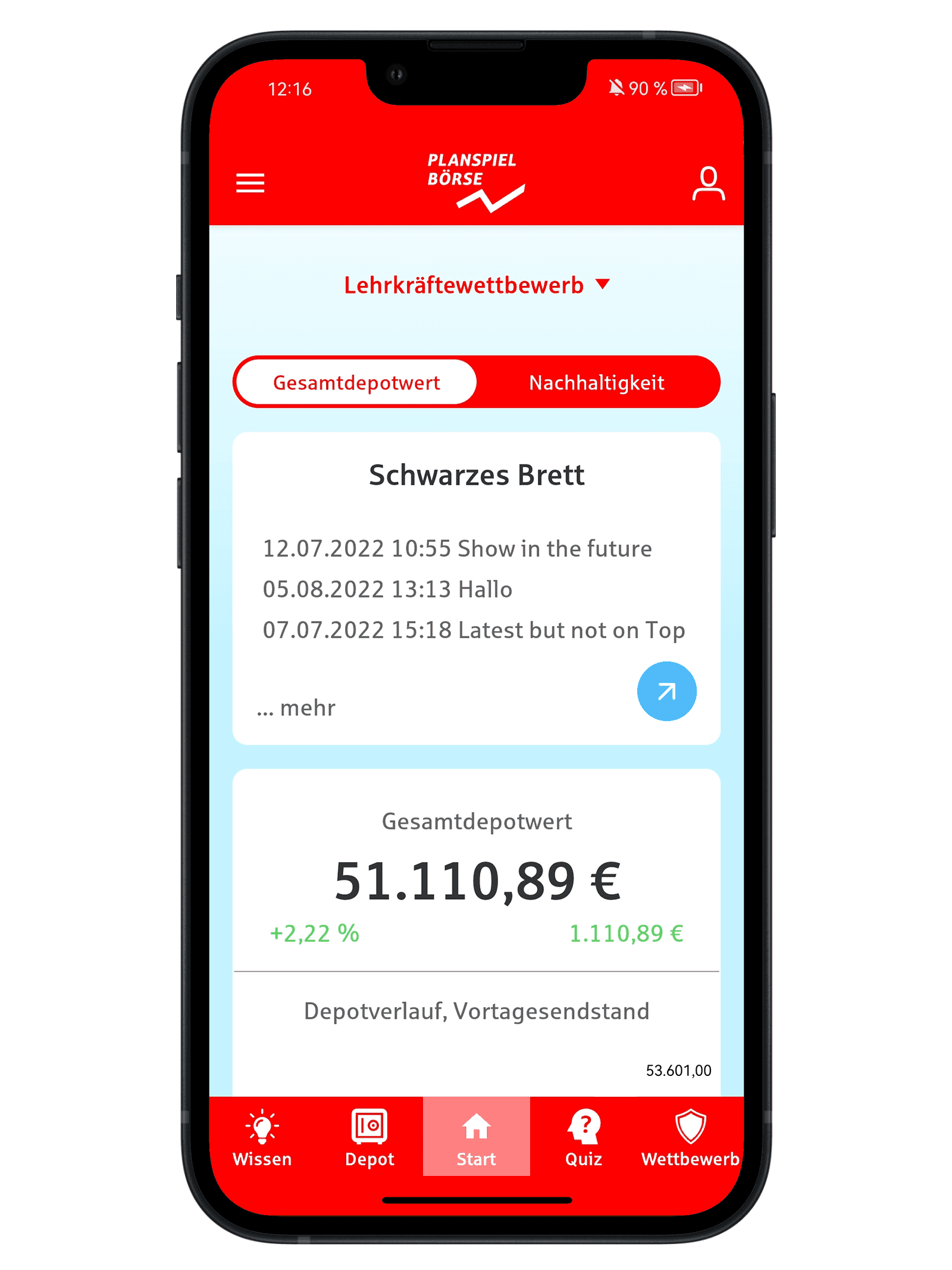 Mock-Up eines Smartphones, welches Screens aus der Planspiel-Börse-App zeigt.