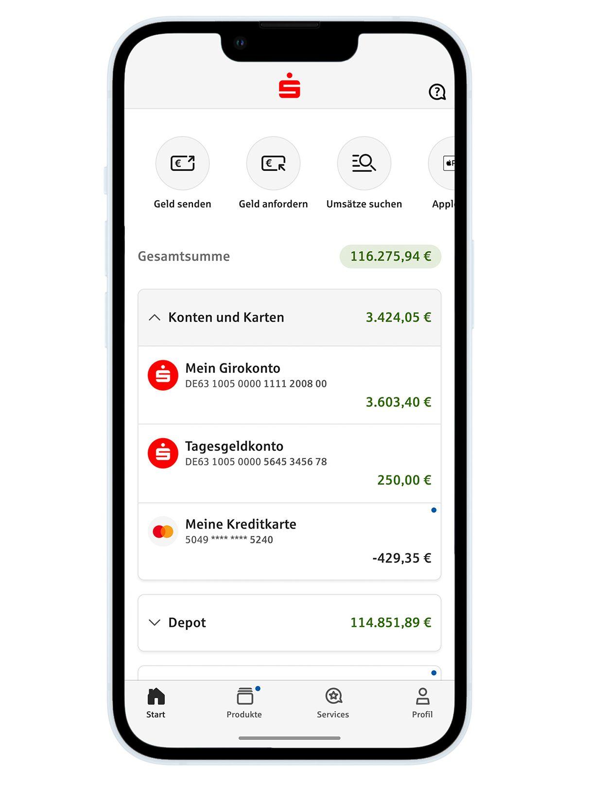 Ein freigestellter Smartphone-Bildschirm mit der Benutzeroberfläche der Sparkassen-App vor weißem Hintergrund. Angezeigt wird die Seite mit den Konten und Karten und dem Kontostand.