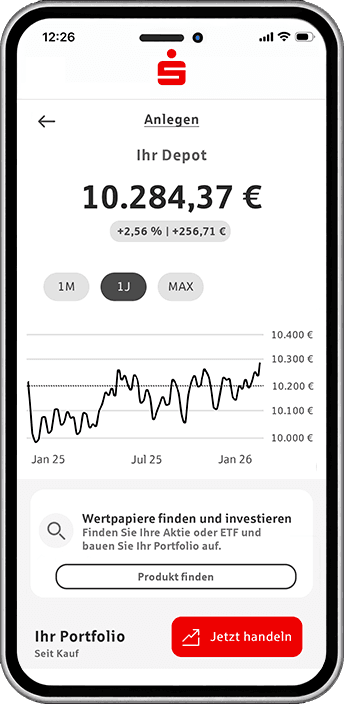 Finanz-App auf einem Smartphone zeigt Depotwert von 10.284,37 € mit 2,56 % Gewinn, dazu ein Jahresdiagramm der Wertentwicklung und Optionen zum Investieren.