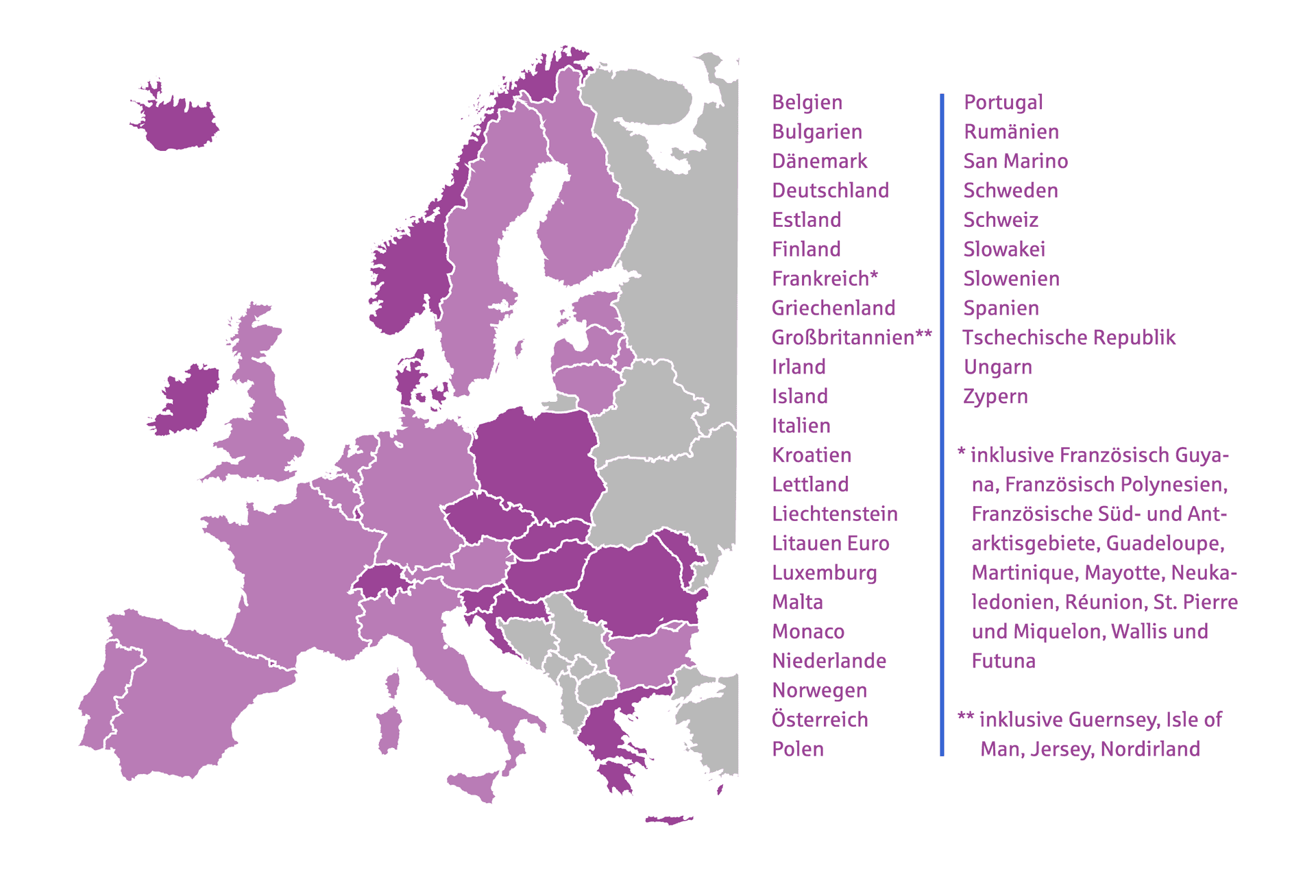 Karte von Europa mit den SEPA Ländern lila eingefärbt. Daneben sind die Länder noch mal alle aufgelistet.