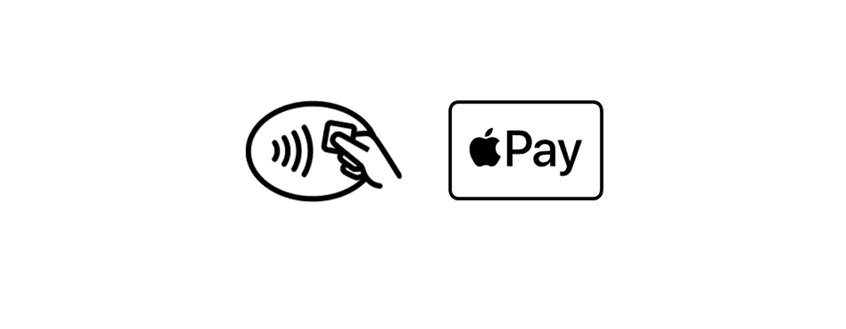 Zwei Logos: links ein Symbol für kontaktloses Bezahlen, rechts das Apple Pay Logo.