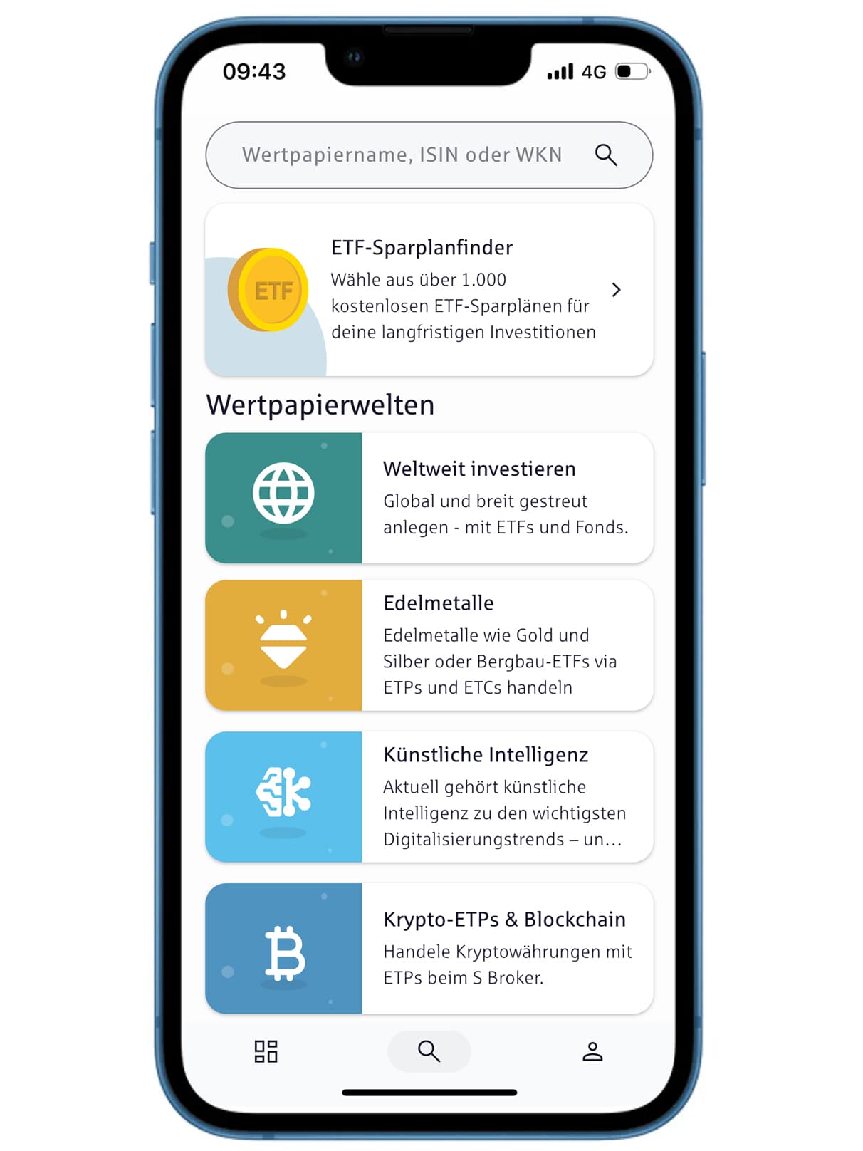 Smartphone zeigt die S-Broker App mit Suchfeld, ETF-Sparplanfinder und den Wertpapierwelten Weltweit investieren, Edelmetalle, Künstliche Intelligenz und Krypto-ETPs.
