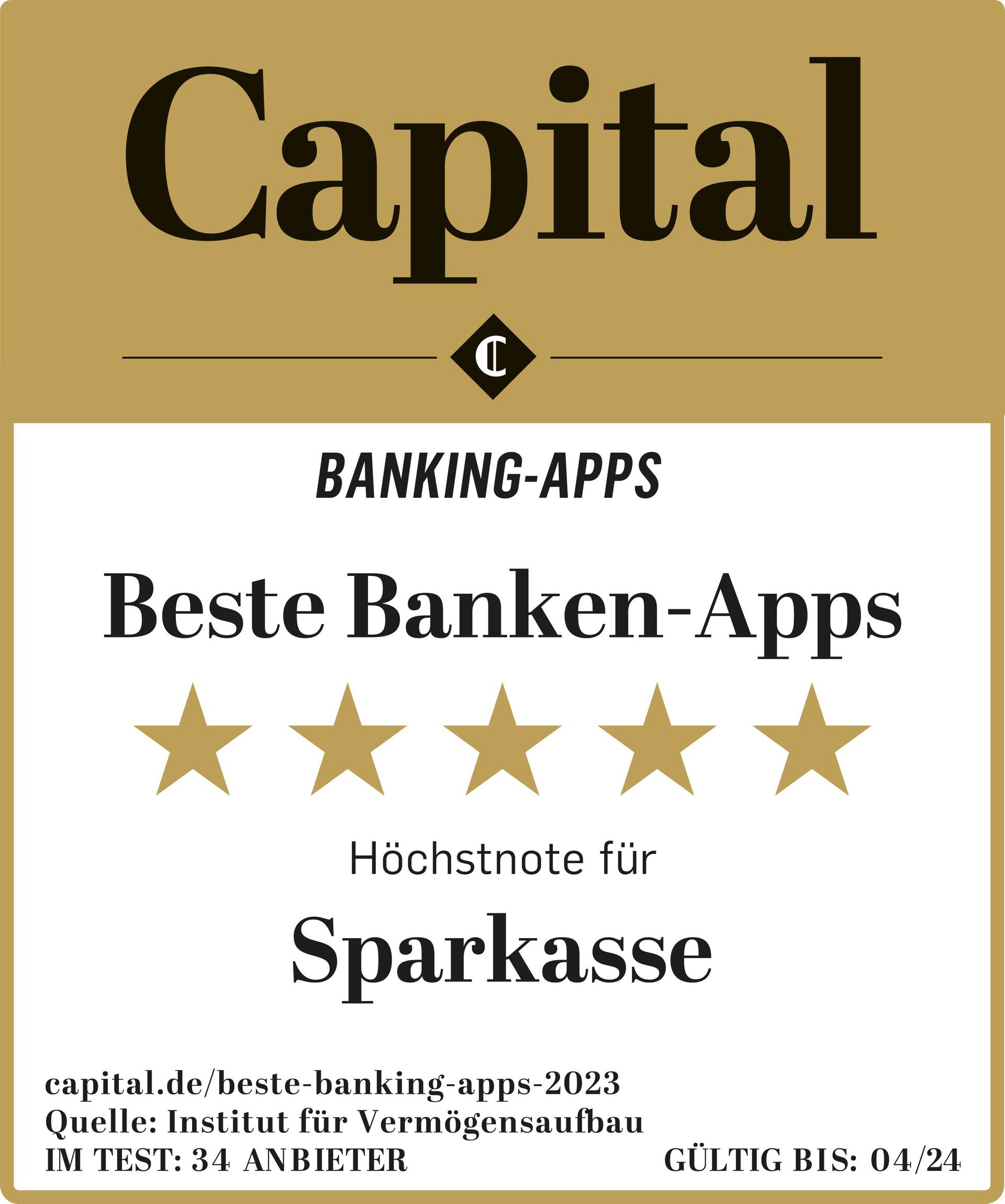 Goldenes Siegel, von Capital. Auszeichnung für die besten Banken-Apps.