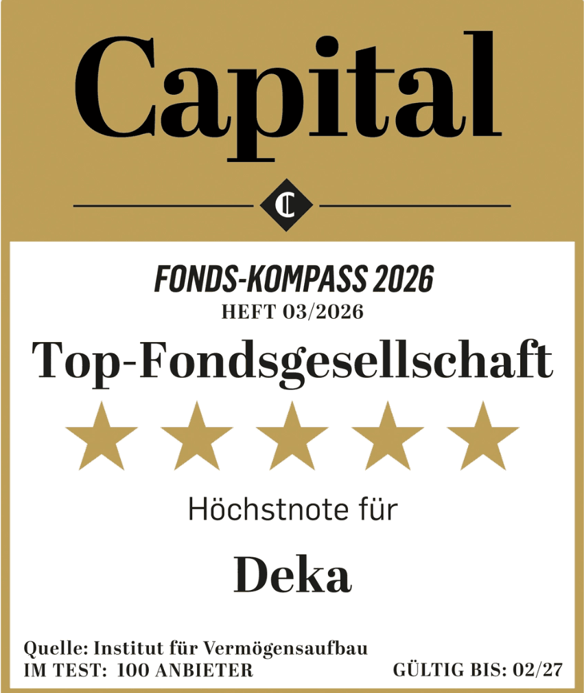 Capital Fonds-Kompass 2026, Heft 03/2026: Höchstnote (5 Sterne) für Deka als Top-Fondsgesellschaft, Quelle Institut für Vermögensaufbau, im Test 100 Anbieter, gültig bis 02/27.