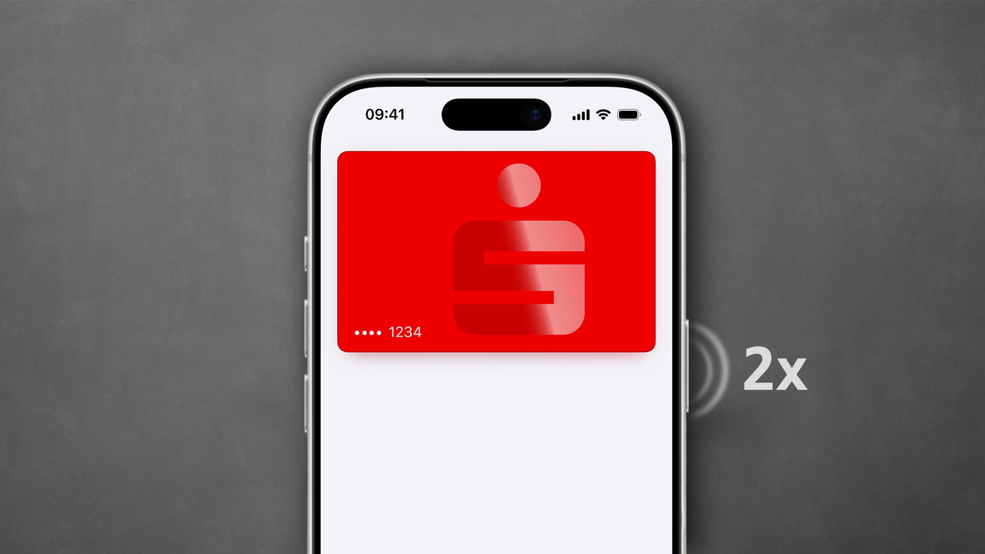 Ein Smartphone zeigt eine rote Sparkassen-Karte auf dem Bildschirm. Neben dem Telefon ist ein '2x'-Symbol zu sehen, das auf eine doppelte Interaktion hinweist.