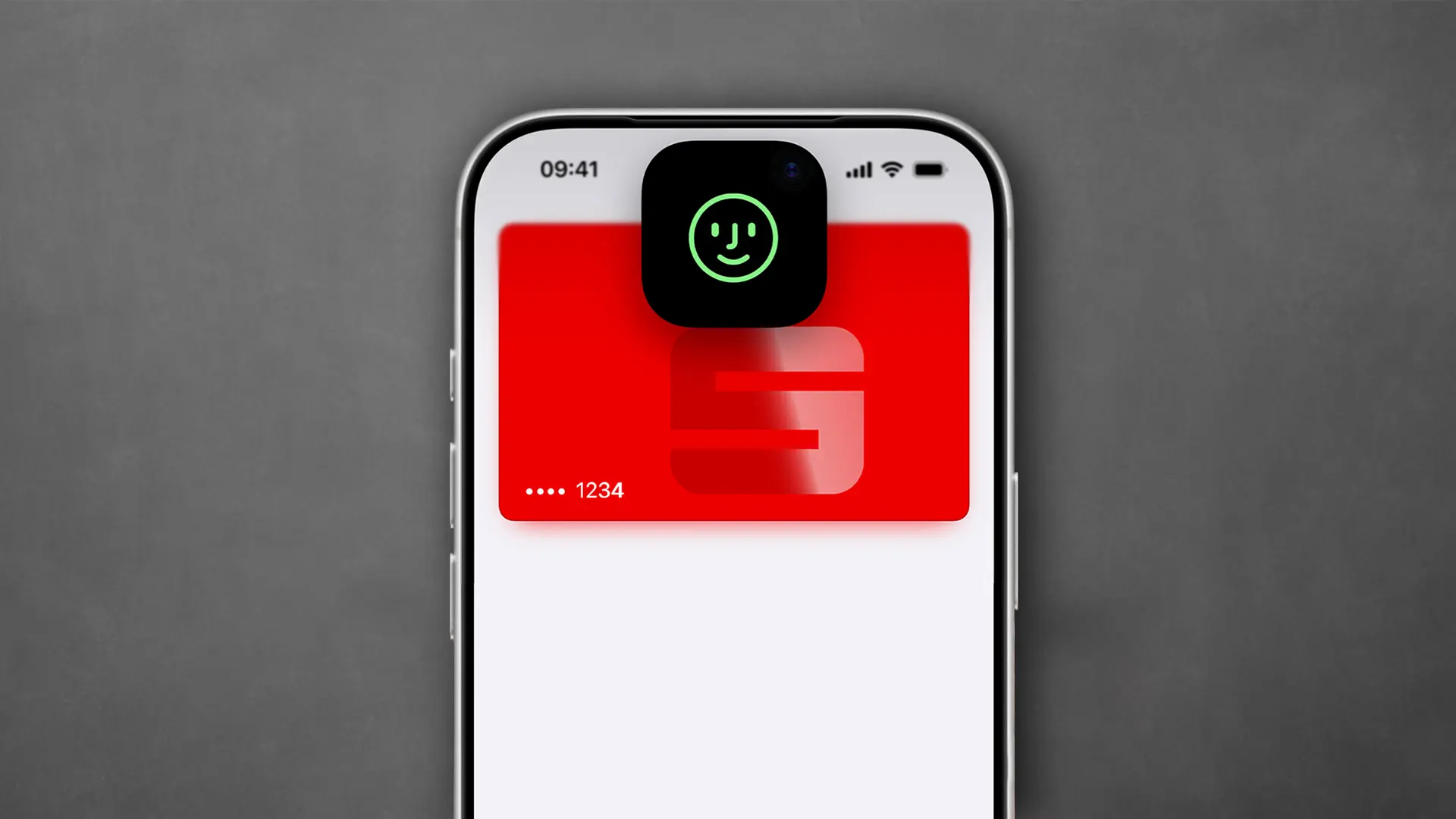 Ein Smartphone zeigt eine rote Sparkassen-Karte auf dem Bildschirm, mit einem grünen Face ID Icon darüber.