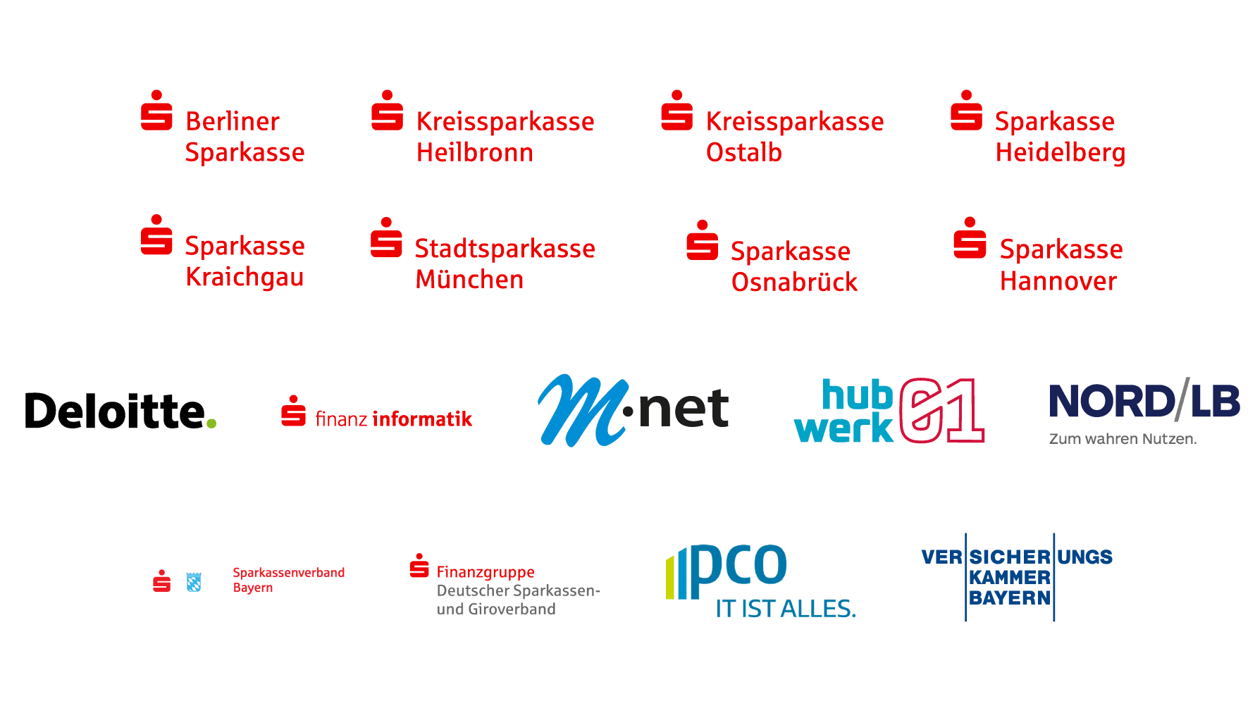 Digital-S Logowand der Partner: Verschiedene Sparkassen, Finanzgruppe Deutscher Sparkassen- und Giroverband, Sparkassenverband Bayern, Deloitte, Finanz Informatik, M.net, hub werk 01, NORD/LB, IPCO, Versicherungskammer Bayern – ein starkes Netzwerk.