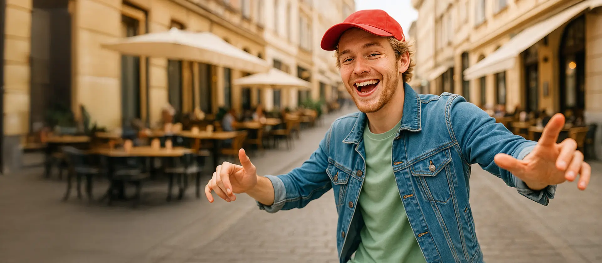 Ein lachender junger Mann mit roter Kappe und Jeansjacke steht mit ausgebreiteten Armen auf einer belebten Straße mit Cafés und Restaurants im Hintergrund.
