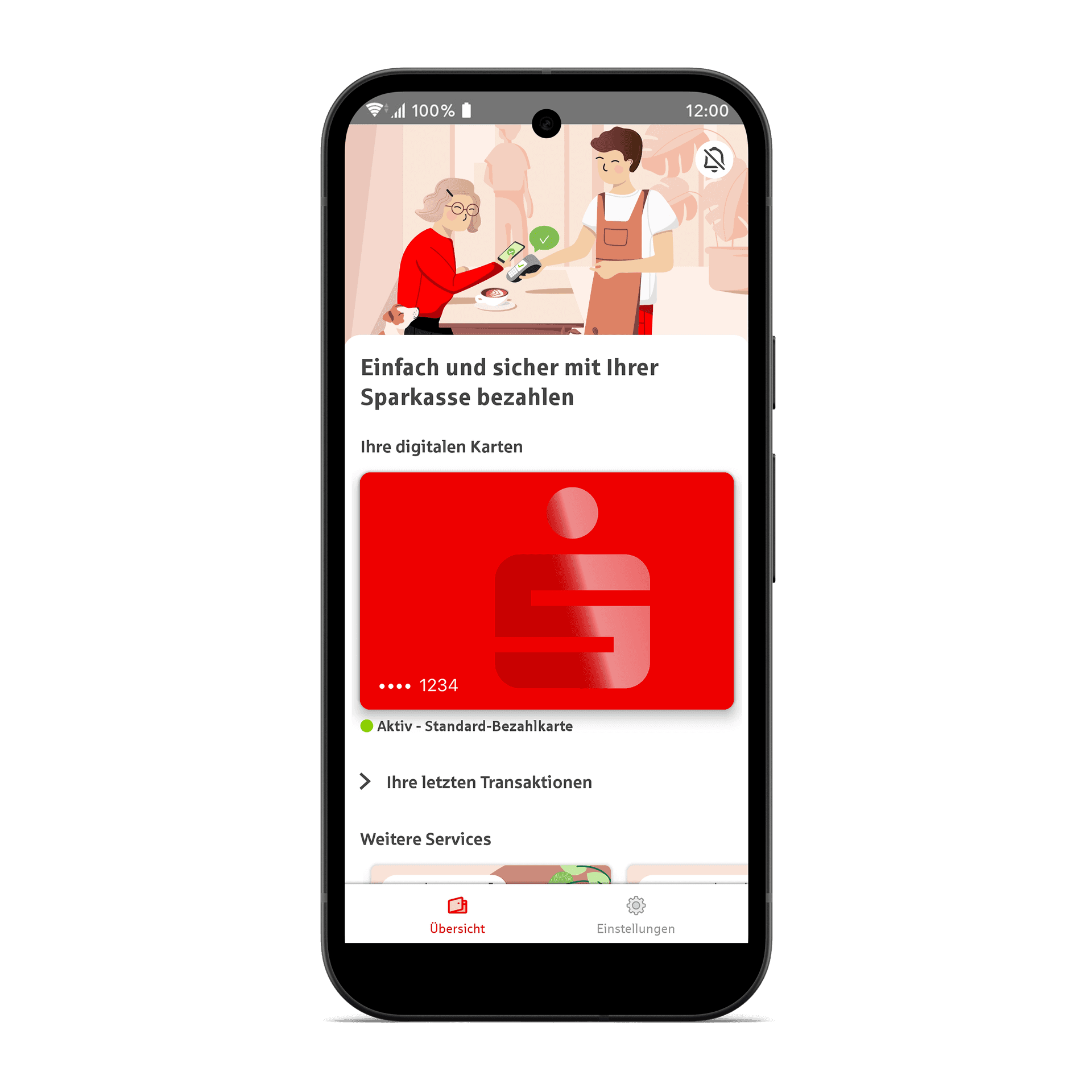 App Mobiles Bezahlen Ein Smartphone zeigt die Sparkasse App für mobiles Bezahlen. Oben eine Illustration einer Zahlung, darunter eine digitale rote Sparkassen-Karte und Optionen wie "Ihre letzten Transaktionen".