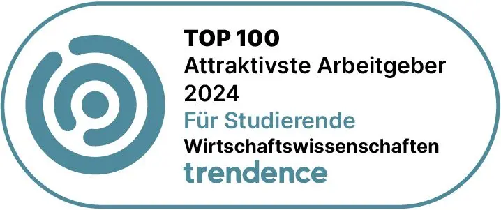 Ein grafisches Siegel von trendence mit der Zeile 'attraktivste Arbeitgeber 2024 für Studierende'