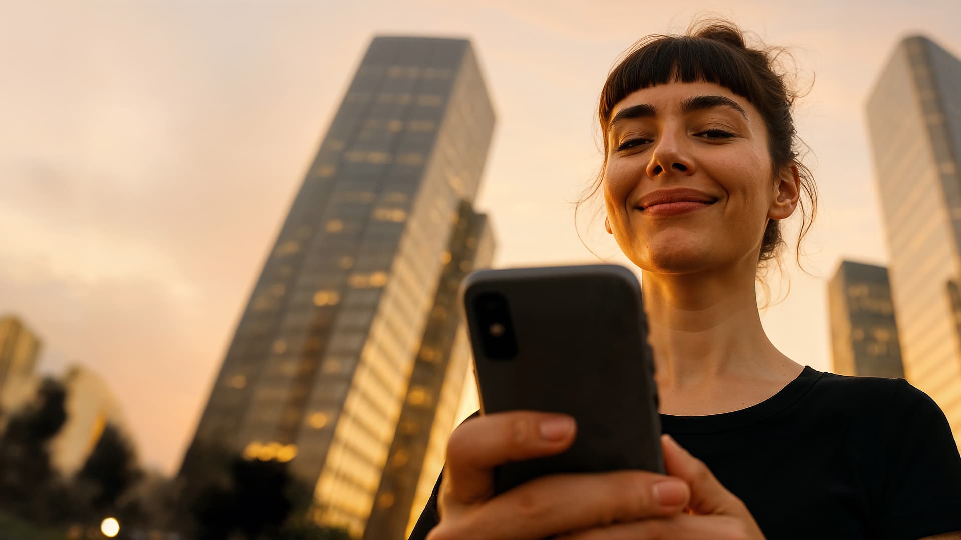Eine lächelnde junge Frau mit einem Smartphone in der Hand, im Hintergrund unscharfe hohe Gebäude bei Sonnenuntergang oder Sonnenaufgang.