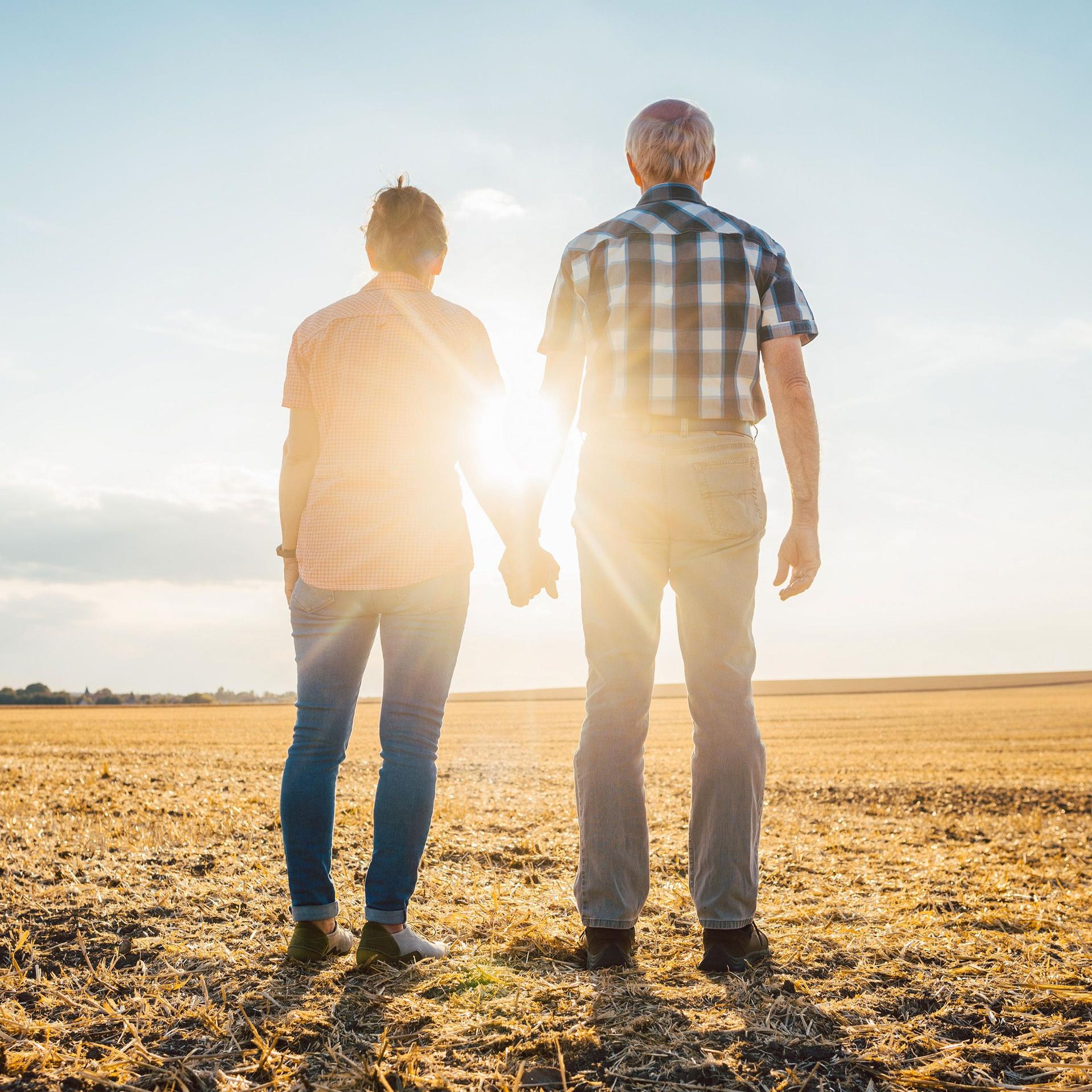 Älteres Paar geht Hand in Hand auf einem Feld im Sonnenuntergang spazieren.