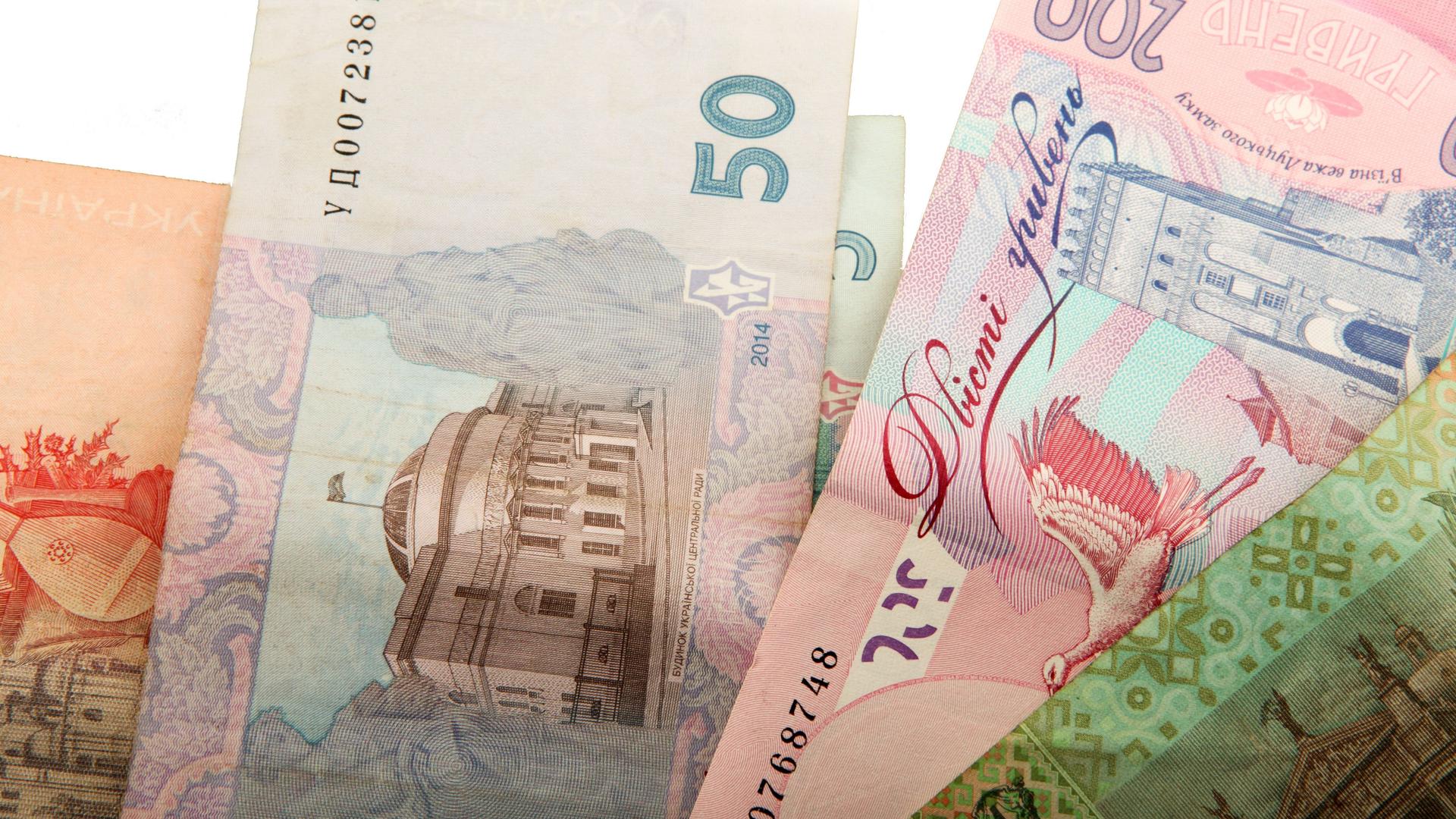 Banknoten der ukrainischen Währung Hryvnia.