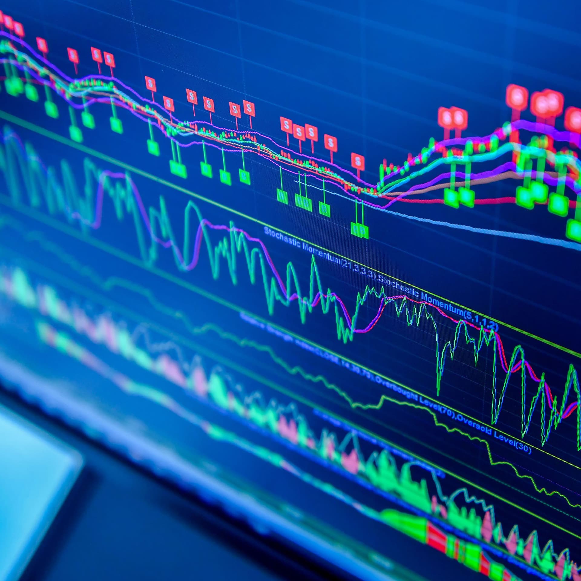 Nahaufnahme eines Bildschirms mit grünem und rotem stochastischem Oszillator auf blauem Hintergrund.