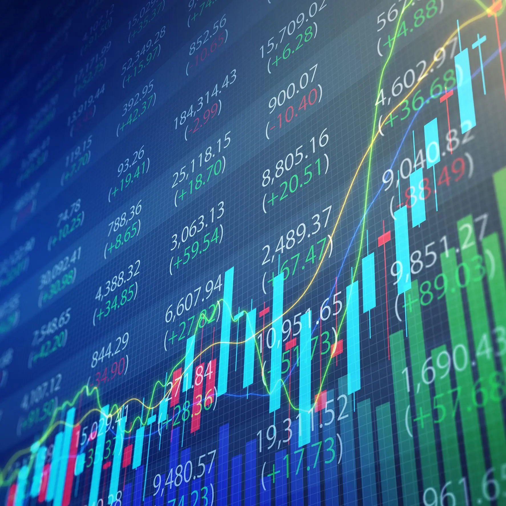 Darstellung von Börsendaten mit Zahlen, Balken- und Liniendiagrammen auf einem digitalen Bildschirm. Die Grafik zeigt steigende und fallende Aktienkurse und symbolisiert Finanzmärkte und Handel.