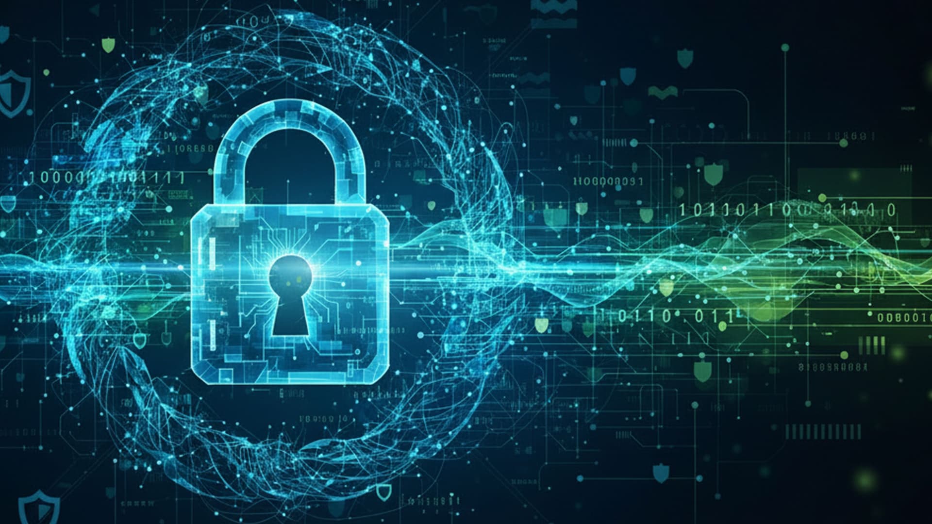 Ein leuchtend blaues, digitales Vorhängeschloss steht im Zentrum des Bildes und symbolisiert moderne Cybersicherheit. Umgeben von abstrakten Datenströmen und Netzwerkstrukturen vermittelt die Darstellung Schutz, Technologie und digitale Vernetzung.