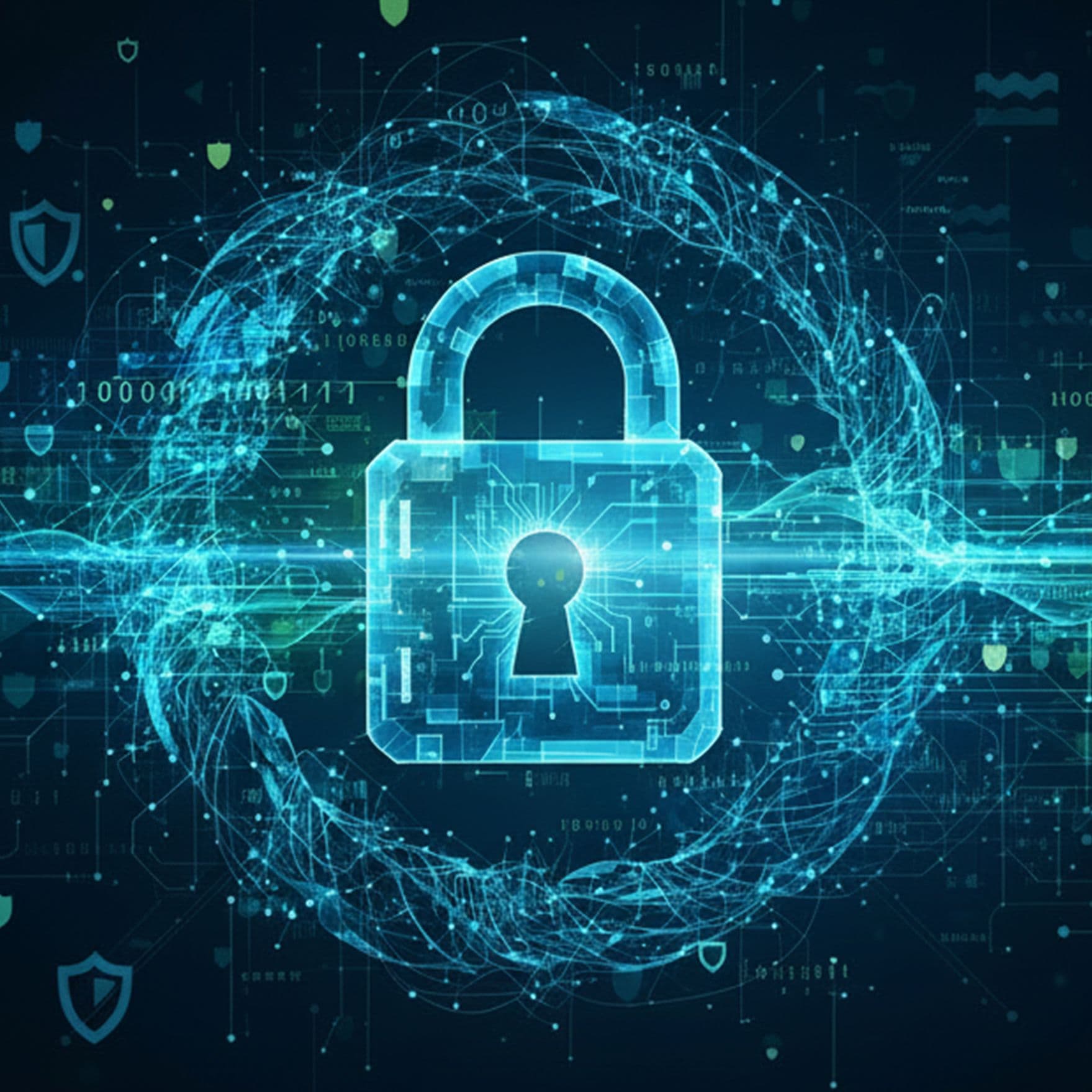 Ein leuchtend blaues, digitales Vorhängeschloss steht im Zentrum des Bildes und symbolisiert moderne Cybersicherheit. Umgeben von abstrakten Datenströmen und Netzwerkstrukturen vermittelt die Darstellung Schutz, Technologie und digitale Vernetzung.