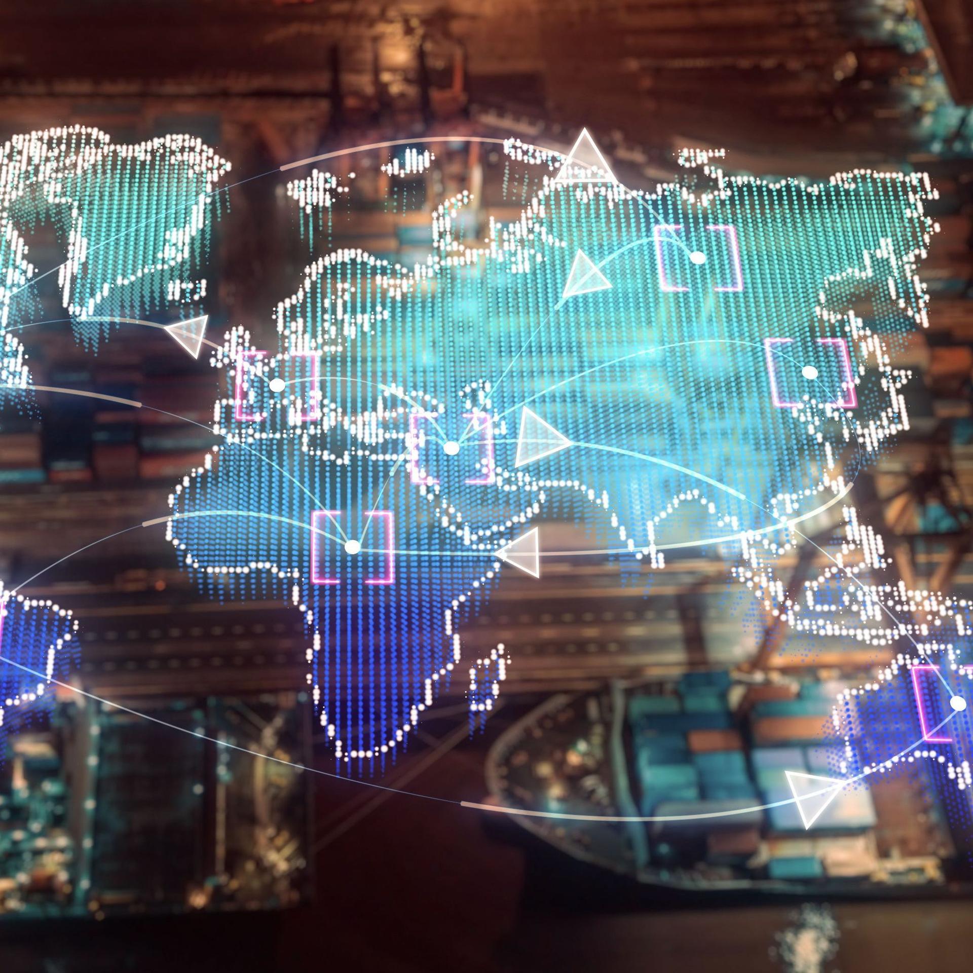 Digitale Weltkarte, die weltweite Logistikbewegungen und Transportwege zeigt
