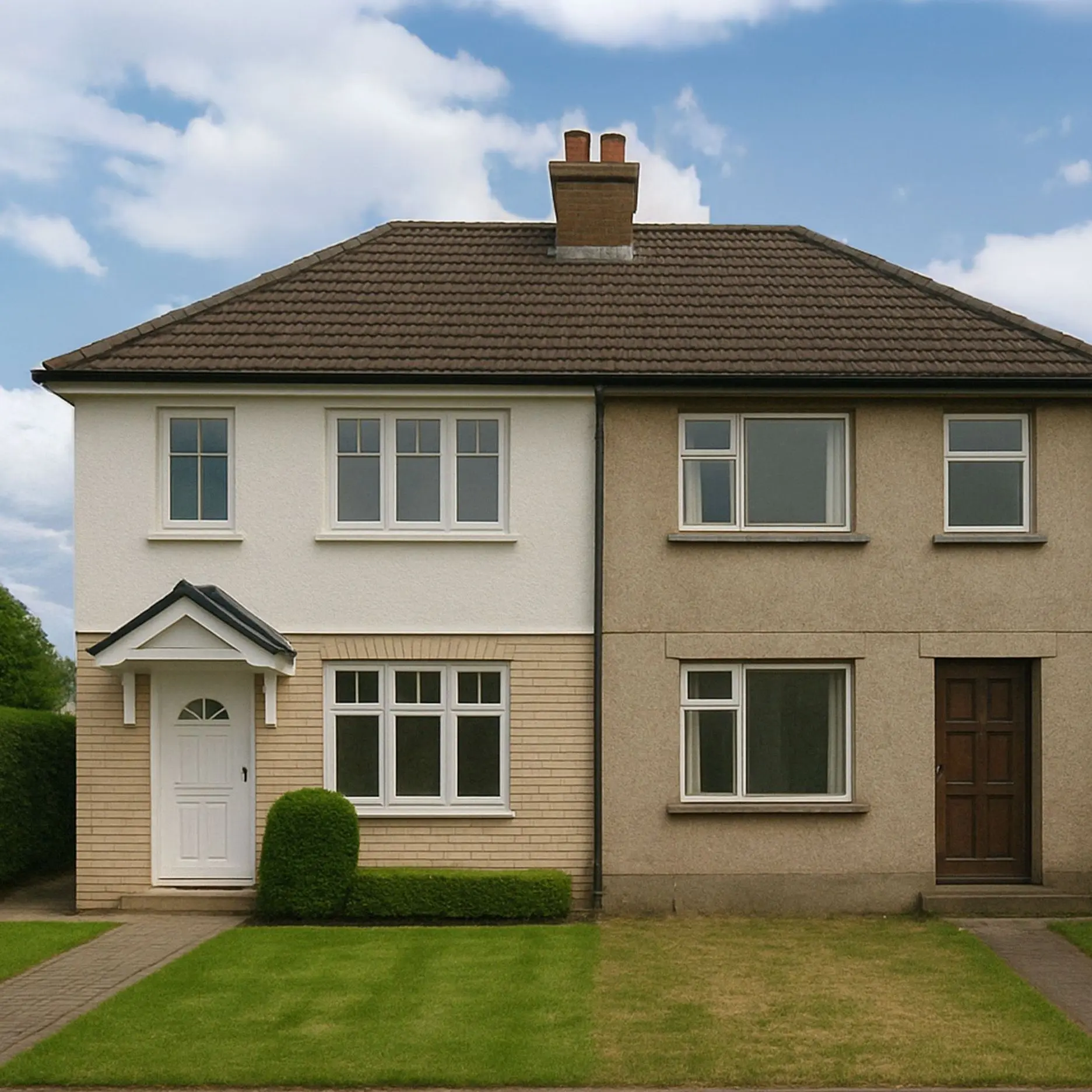 Ein Doppelhaus, auf einer Seite gehobene Ausstattung, auf der anderen Seite Standard-Ausstattung.