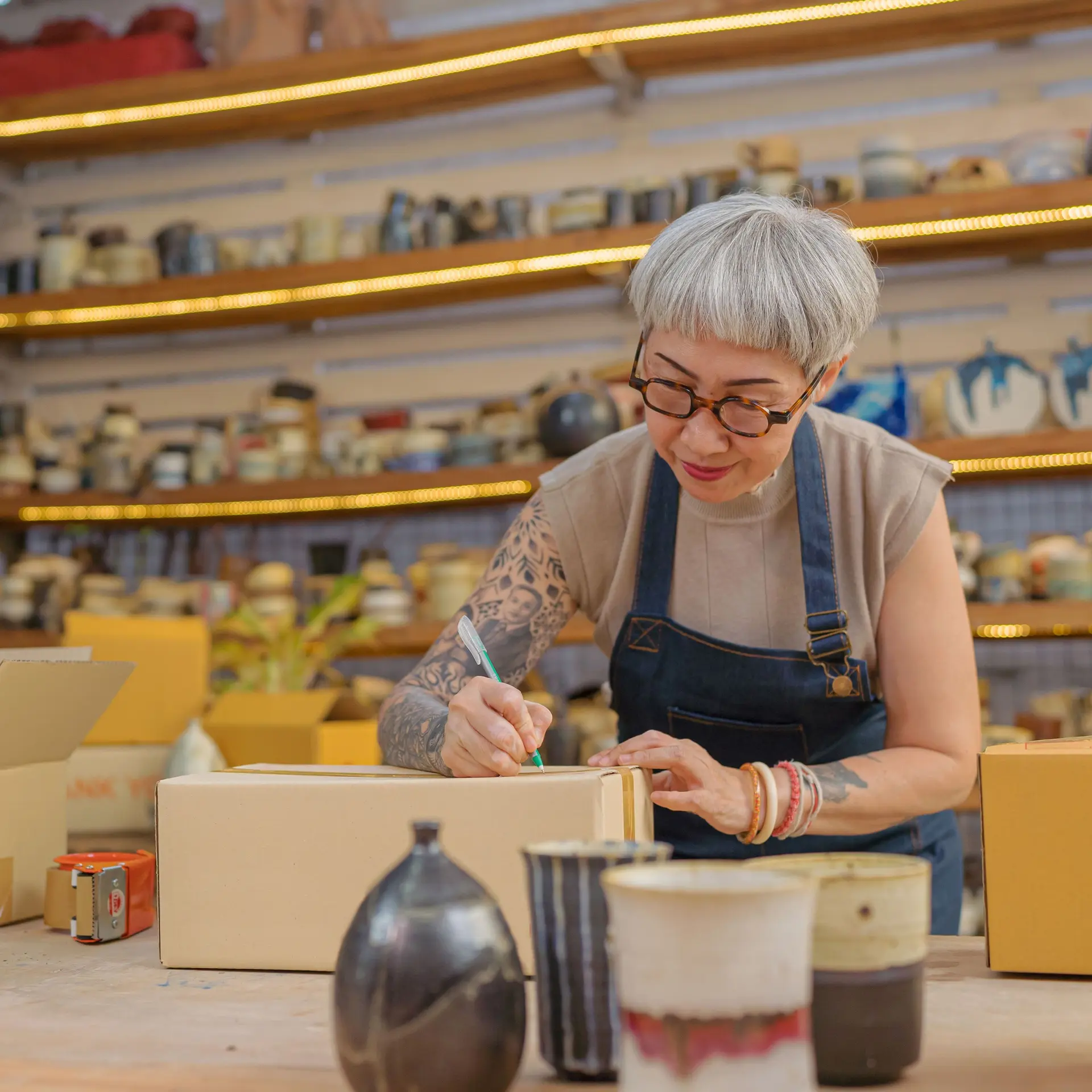 Eine Künstlerin verpackt Keramik-Produkte in ihrem Atelier.