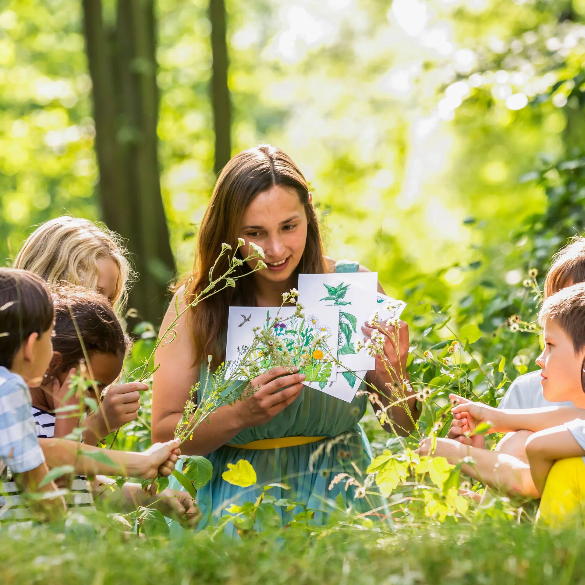 Eine junge Frau sitzt mit Kindern auf einer Lichtung. Sie hat BIlder in der Hand und erklärt den Kindern die Natur.