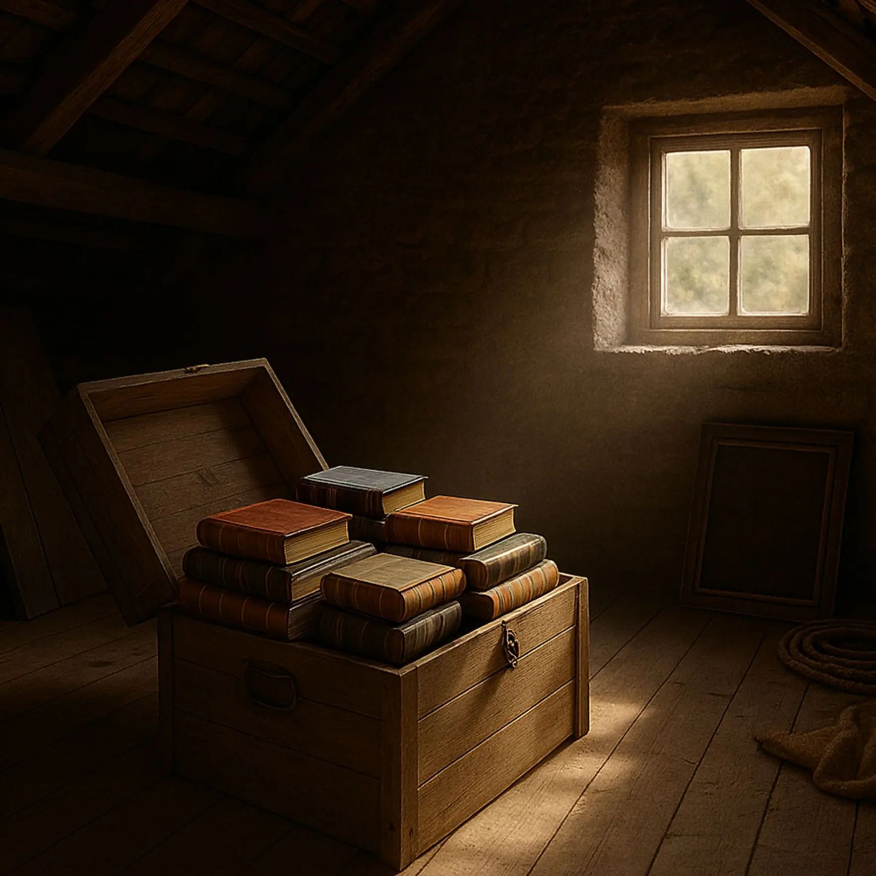 In einer staubigen Dachkammer fällt Sonnenlicht durch ein kleines Fenster auf eine offene Holzkiste voller alter Bücher