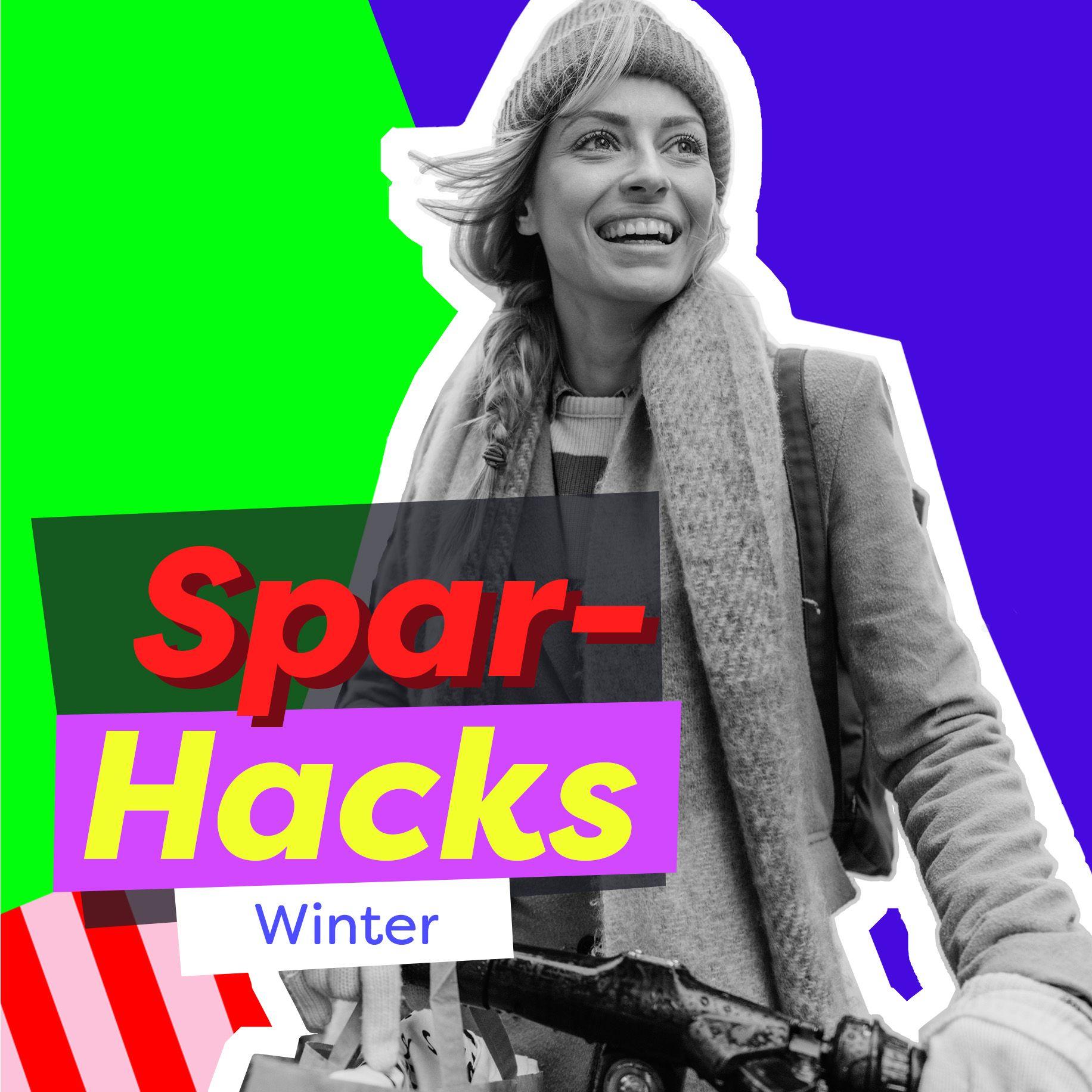 Collage mit einem bunten Hintergrund, einer Frau auf dem Fahrrad in Schwarz-weiß. Darauf liegt ein Schriftblock "Spar-Hacks Winter"