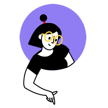 Transparente PNG Illustration einer Frau mit Brille und Dutt, die aus einem violetten Kreis hinausschaut und einen Arm nach unten raussteckt.