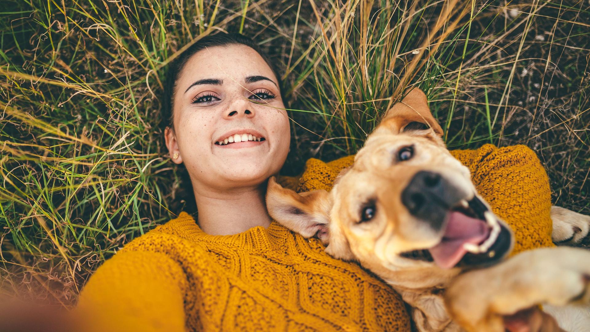 Eine junge Frau liegt auf einer Wiese und macht von sich und ihrem Hund ein Selfie.