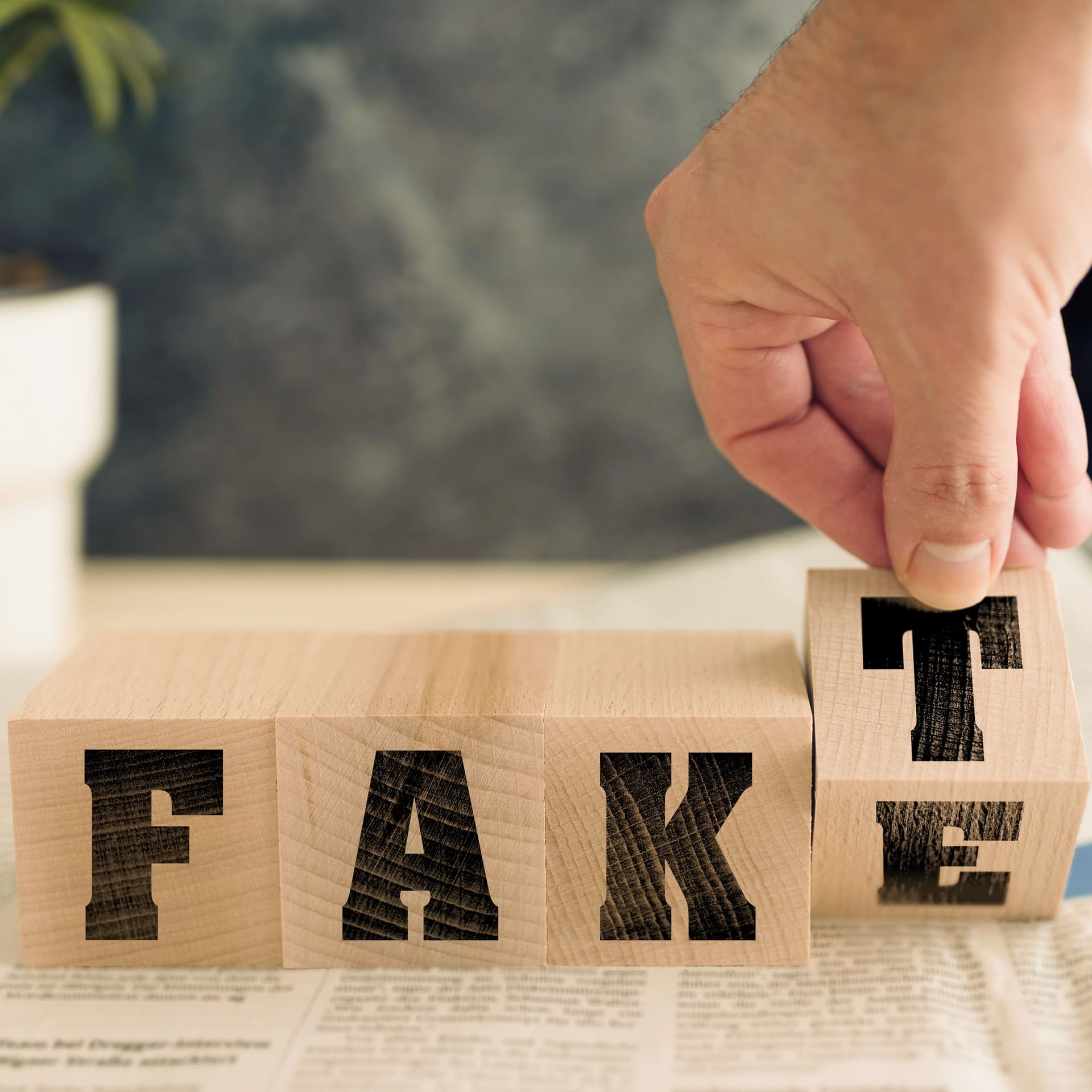 Holzwürfel mit den Buchstaben FAKT liegen auf eine Zeitung. Der letzte Holzwürfel wird von einer Hand gedreht sodass man auch ein E sieht und somit auch das Wort Fake lesen kann.