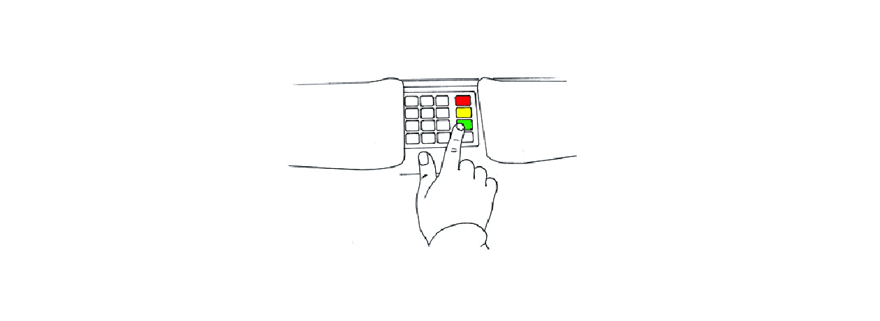 Illustration einer Hand, die am Bankautomaten eine Pin mit der grünen Taste bestätigt.
