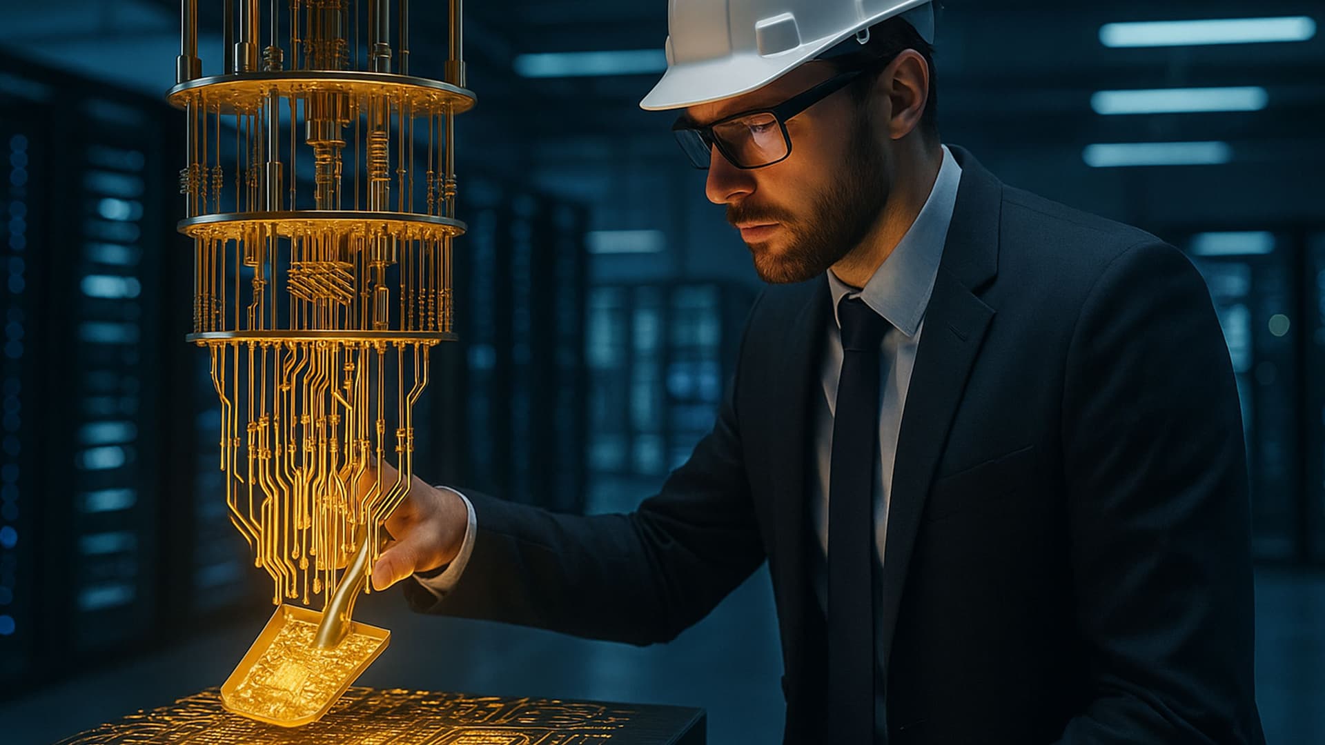 Ein Mann in Anzug, Schutzhelm und Brille untersucht konzentriert eine komplexe, leuchtende Quantencomputerschaltung in einem modernen Labor. Die goldfarbenen Leiterbahnen und Bauteile scheinen in einem Gerät zu schweben.