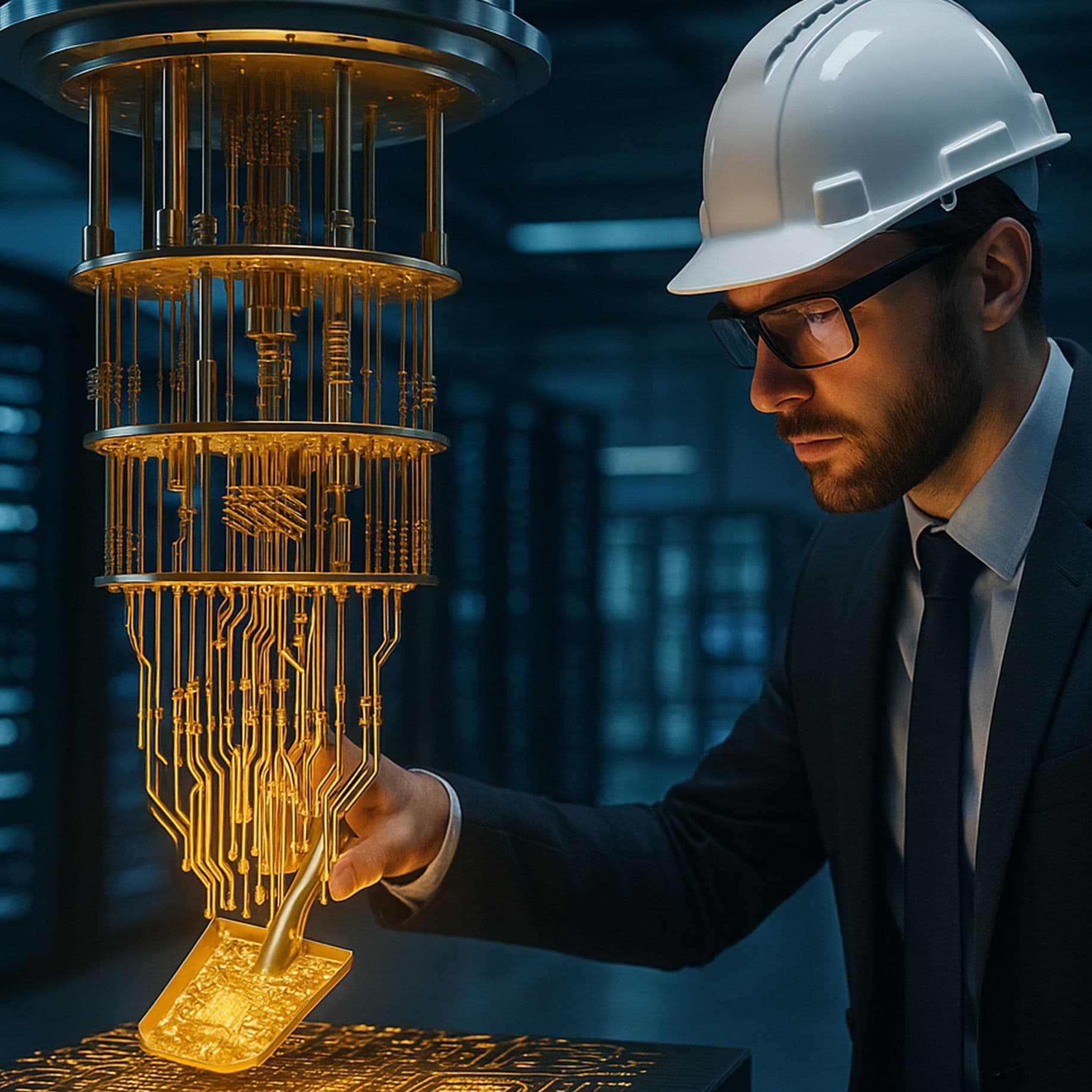 Ein Mann in Anzug, Schutzhelm und Brille untersucht konzentriert eine komplexe, leuchtende Quantencomputerschaltung in einem modernen Labor. Die goldfarbenen Leiterbahnen und Bauteile scheinen in einem Gerät zu schweben.