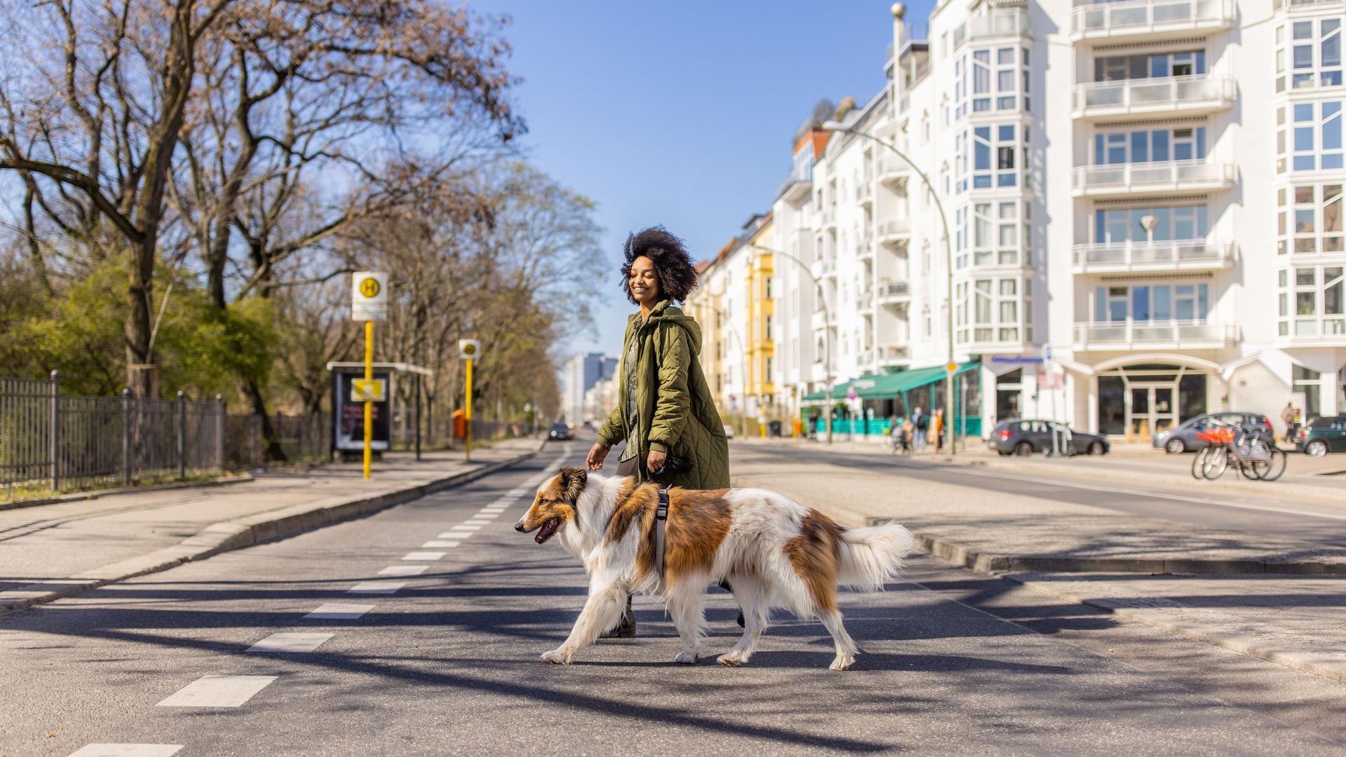 Junge, lächelnde Frau überquert eine Straße mit einem Hund an der Leine.