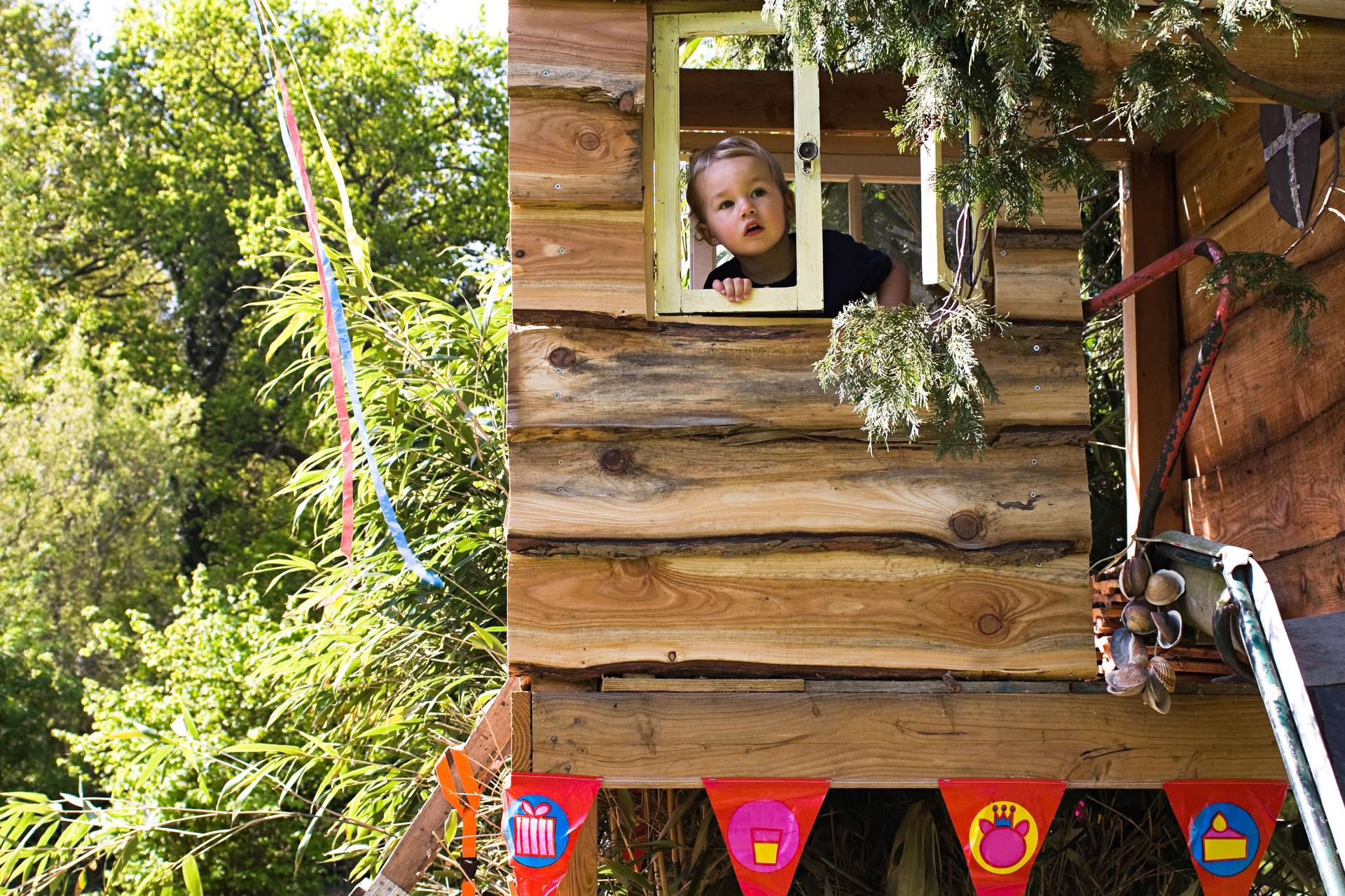 Ein Kleinkind blickt aus dem Fenster eines Baumhauses.