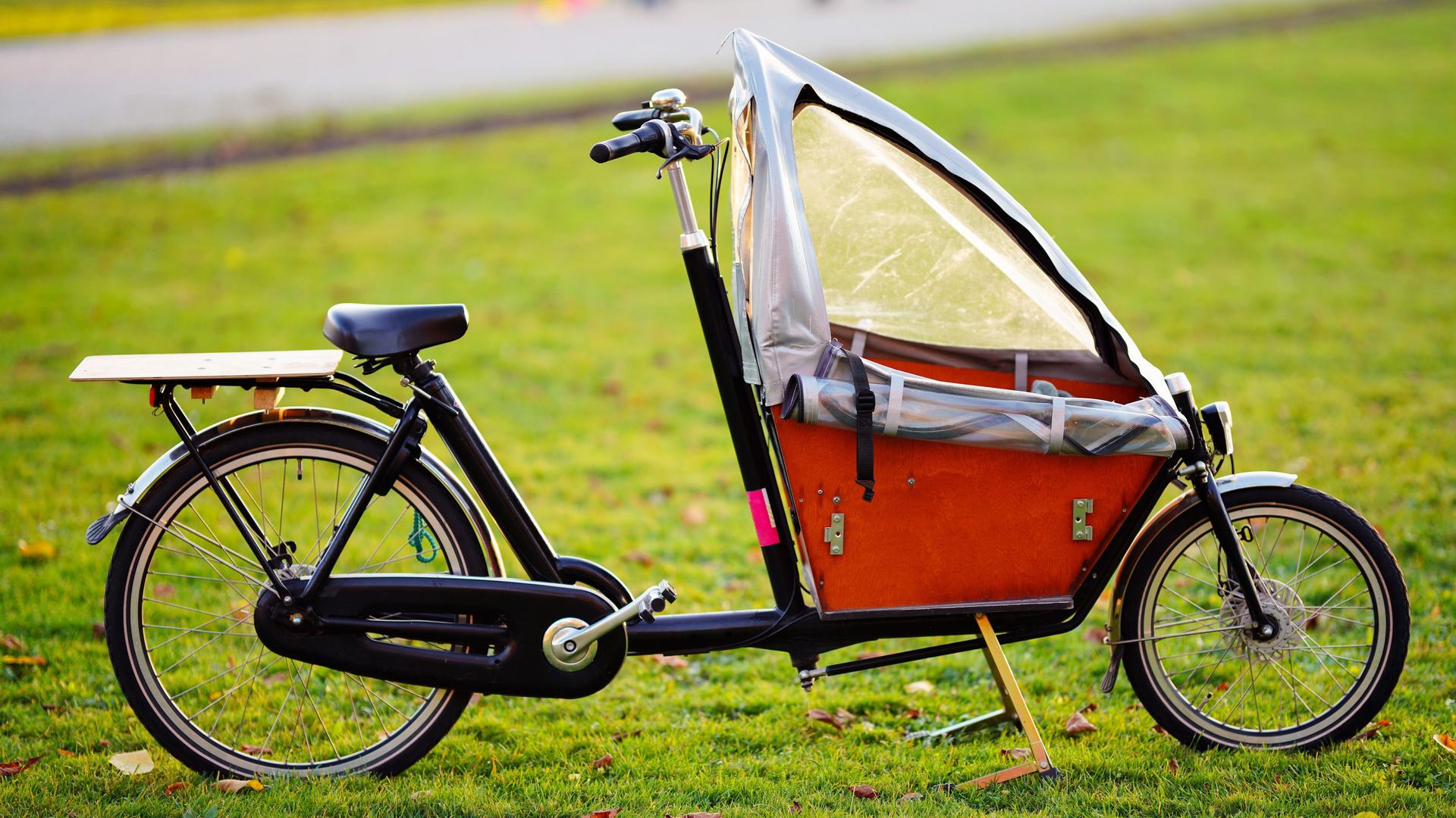 Ein Lastenrad mit Regenschutz, das in einem Park abgestellt wurde.